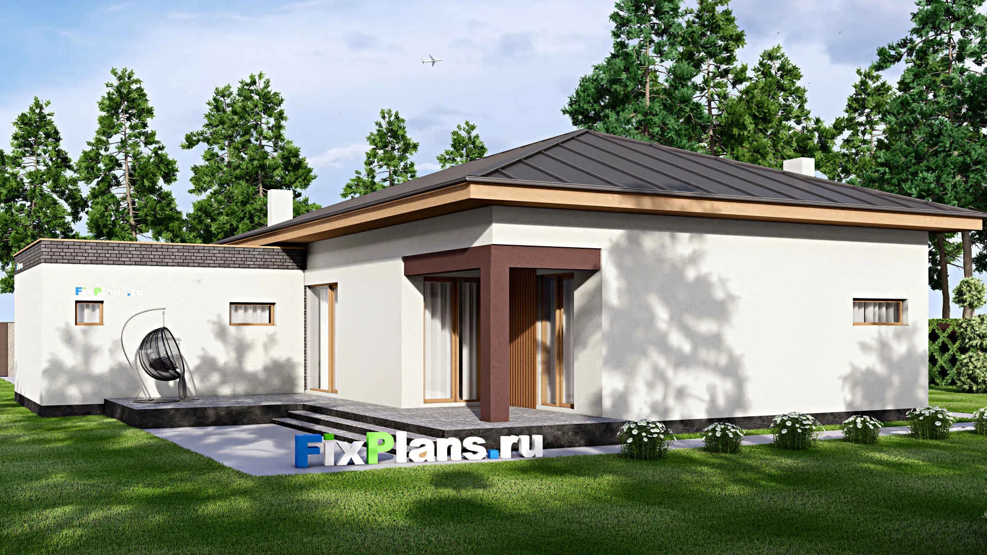 F-16190 - Проект одноэтажного дома 18 на 18, площадью 220 м² с террасой, гаражом на 2 машины и 3 спальнями