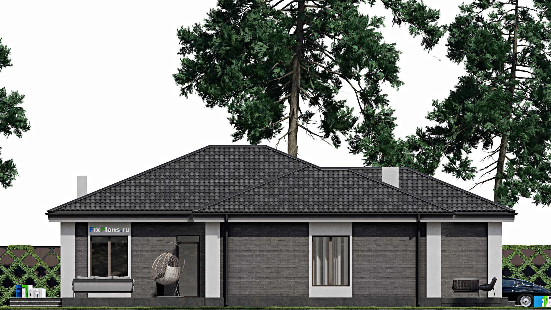 F-1853 - Проект одноэтажного дома 17 на 18, площадью 280 м² с террасой, гаражом на 2 машины и 3 спальнями