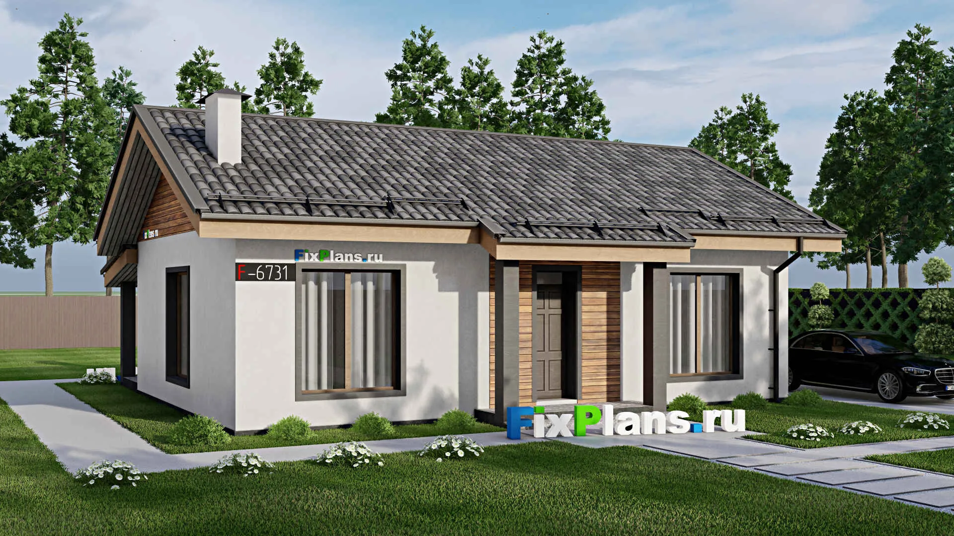 F-6731 - Проект одноэтажного дома 12 на 12, площадью 90 м² с террасой и 2 спальнями