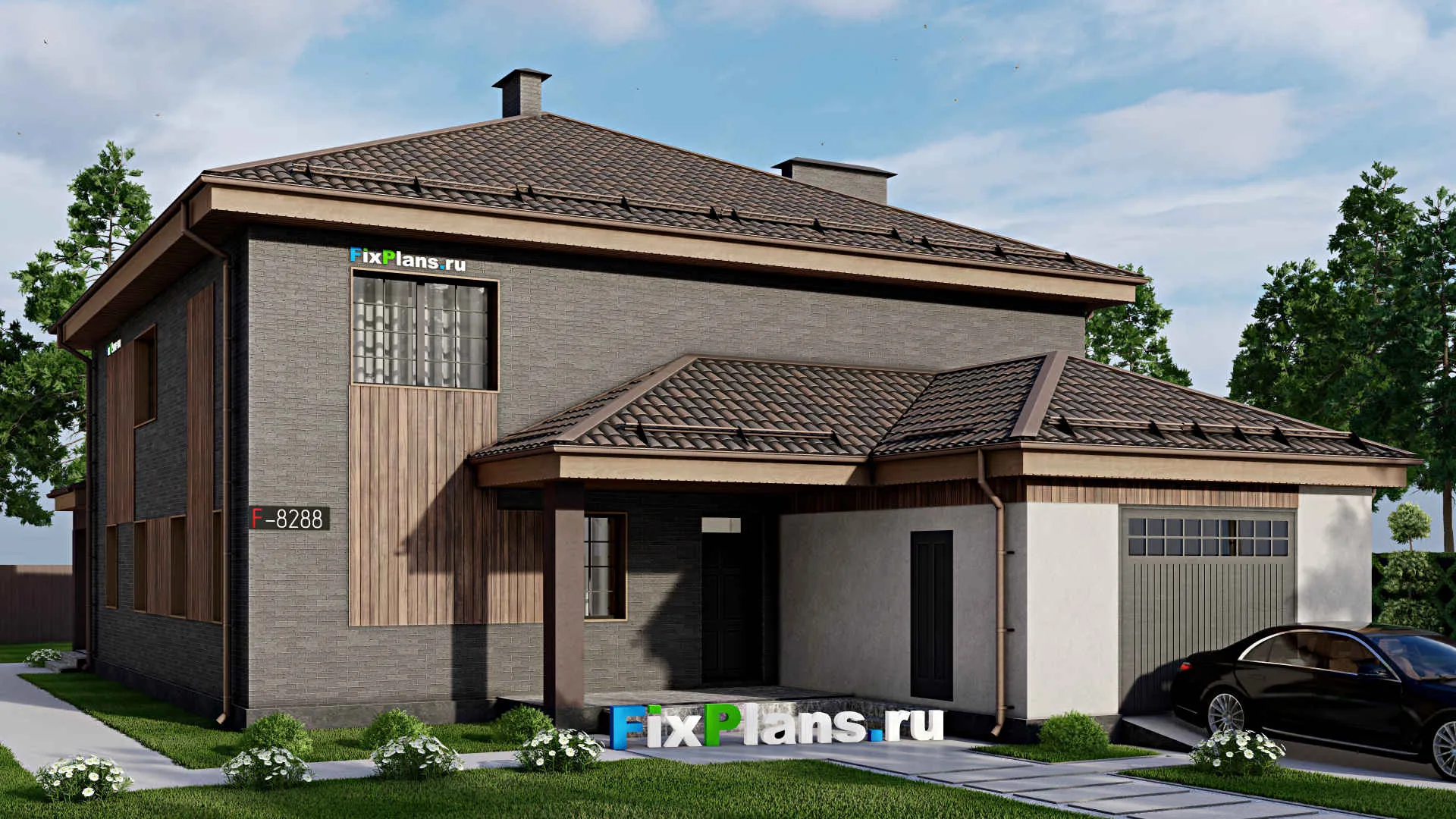 F-8288 - Проект двухэтажного дома 14 на 22, площадью 320 м² с террасой, гаражом на 1 машину и 5 спальнями
