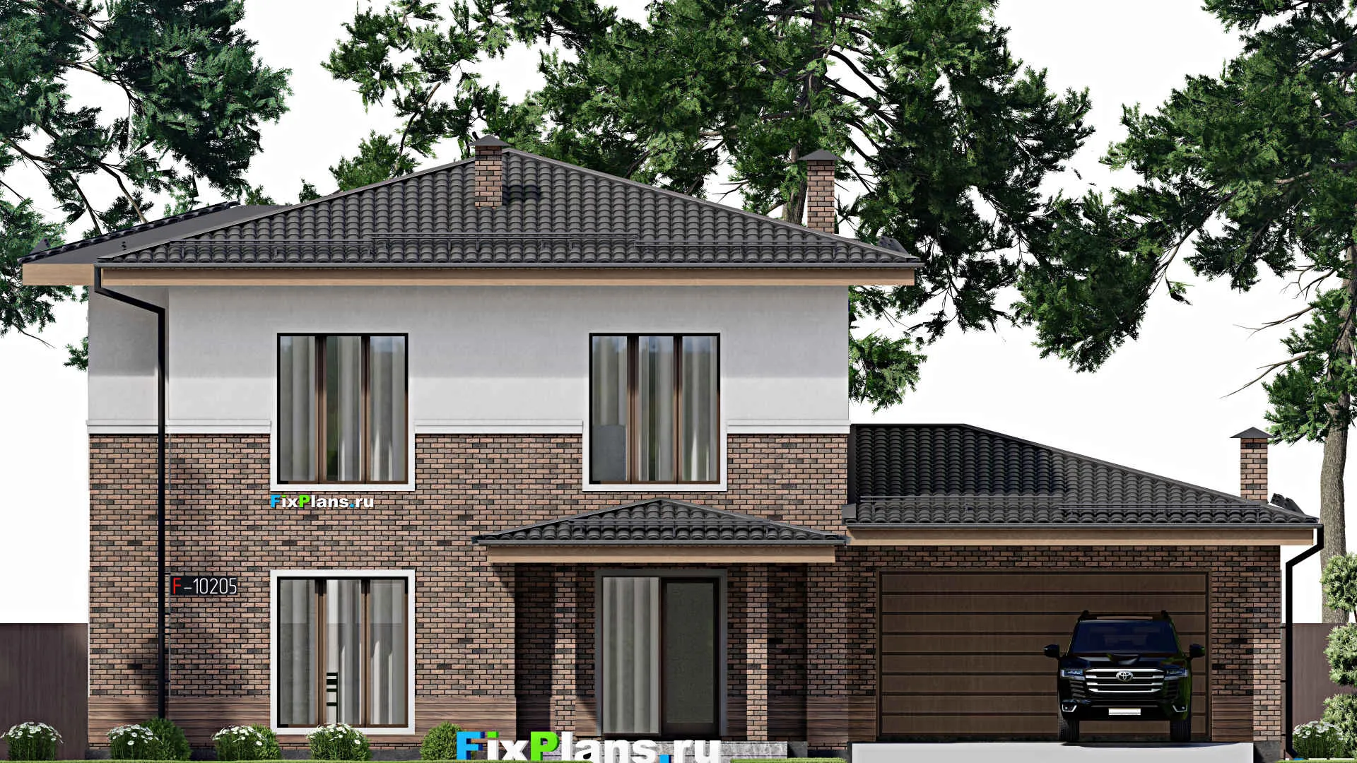 F-10205 - Проект двухэтажного дома 16 на 18, площадью 250 м² с террасой, баней, гаражом на 2 машины и 4 спальнями