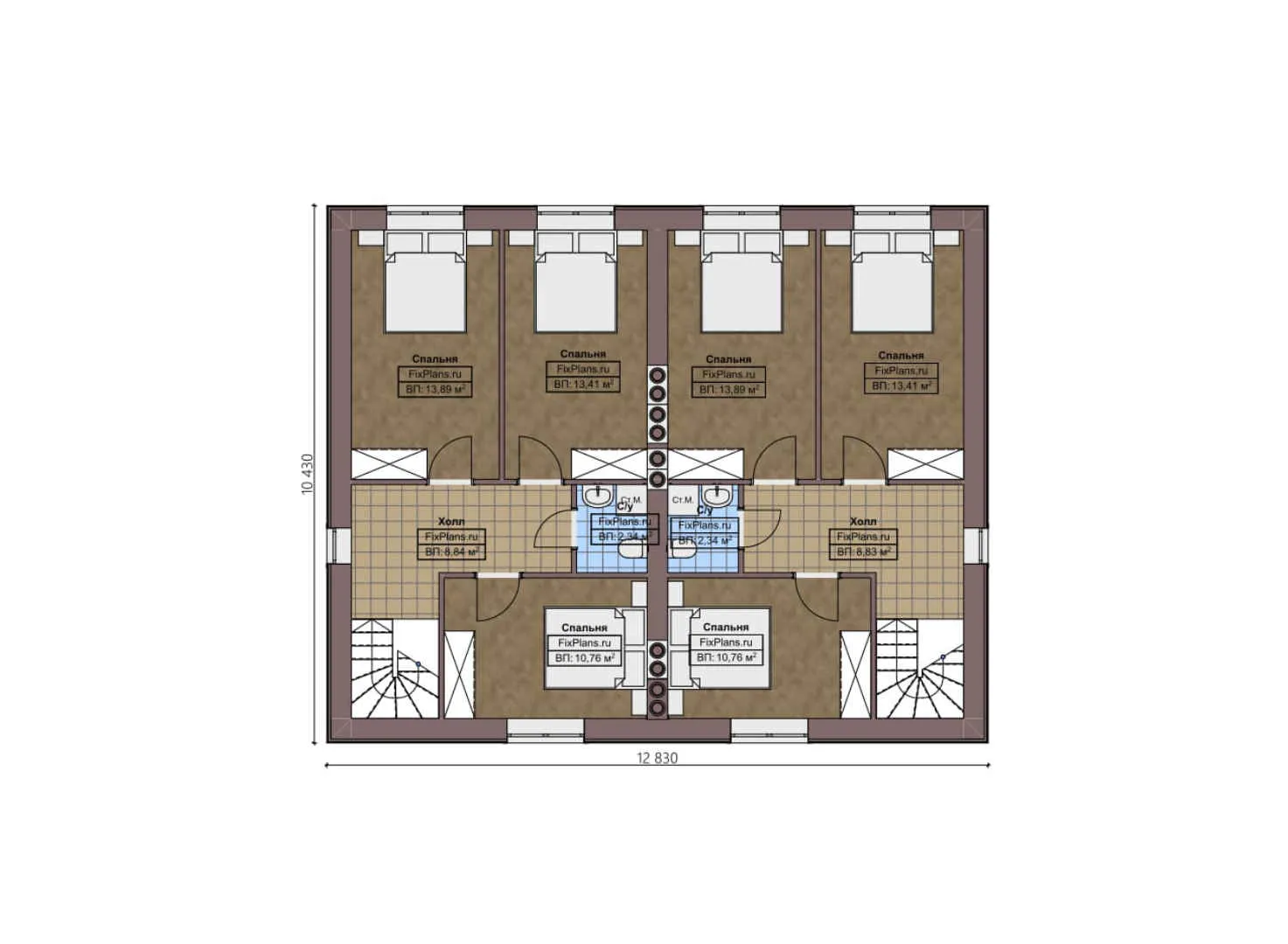 F-4454 - Планы дома с мансардой 11 на 13, площадью 240 м² с террасой и 6 спальнями