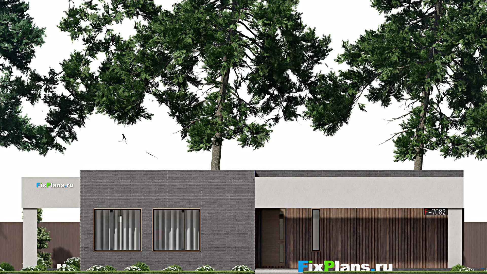 F-7082 - Проект одноэтажного дома 17 на 21, площадью 280 м² с террасой и 4 спальнями