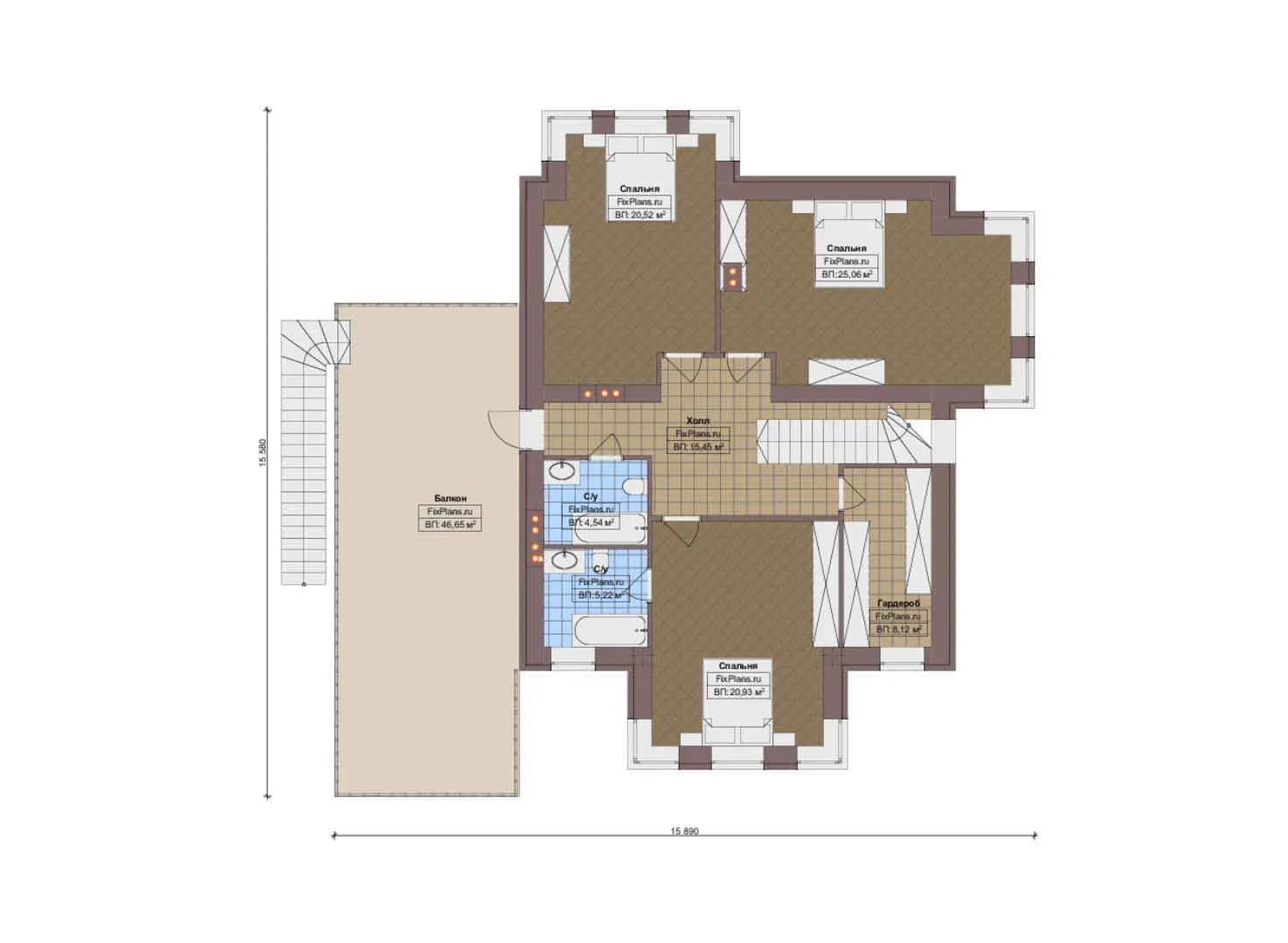 F-18926 - Планы двухэтажного дома 16 на 18, площадью 310 м² с террасой, балконом и 4 спальнями