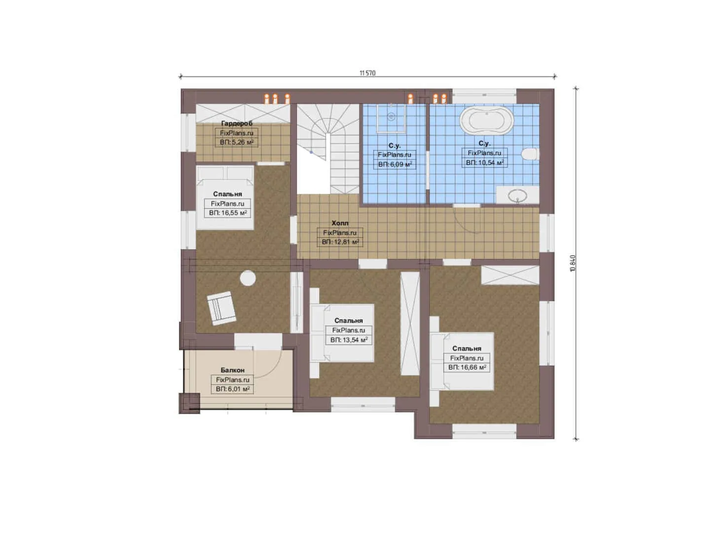 F-20357 - Планы двухэтажного дома 11 на 12, площадью 180 м² с балконом и 3 спальнями