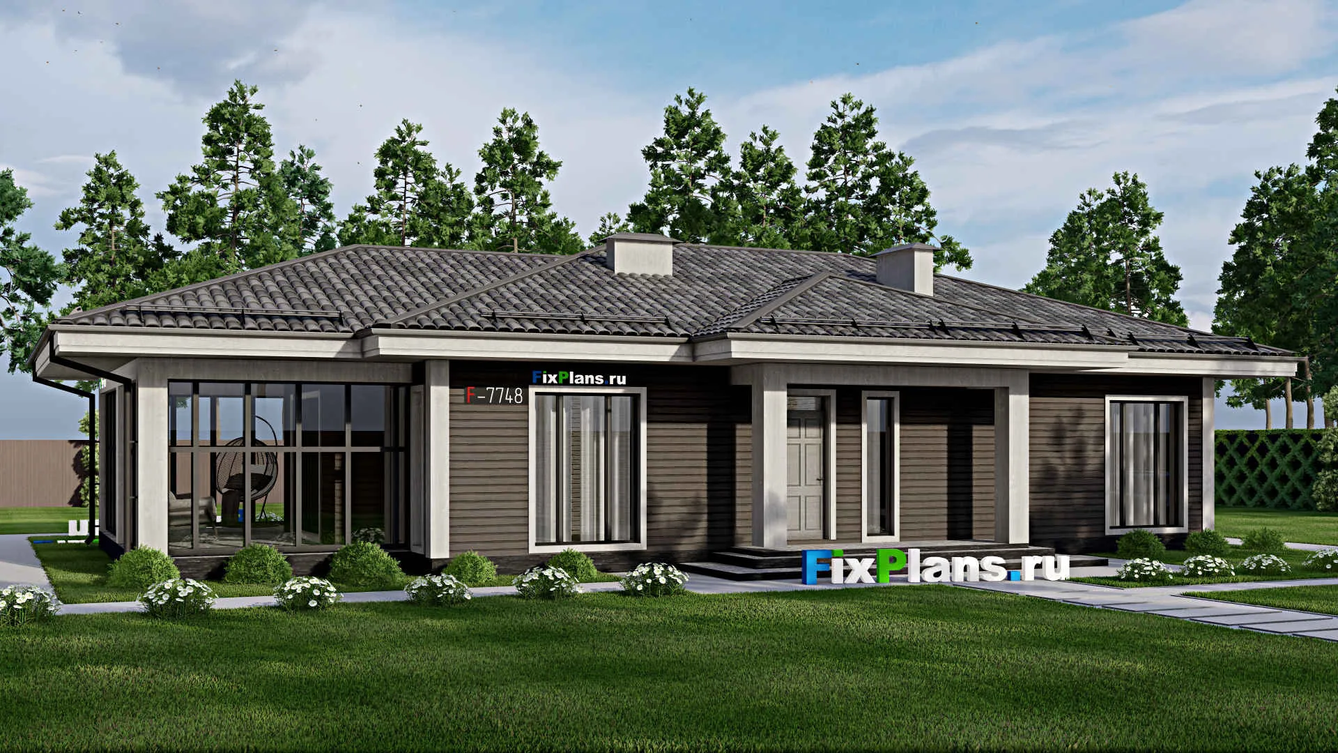 F-7748 - Проект одноэтажного дома 12 на 19, площадью 160 м² с террасой и 3 спальнями