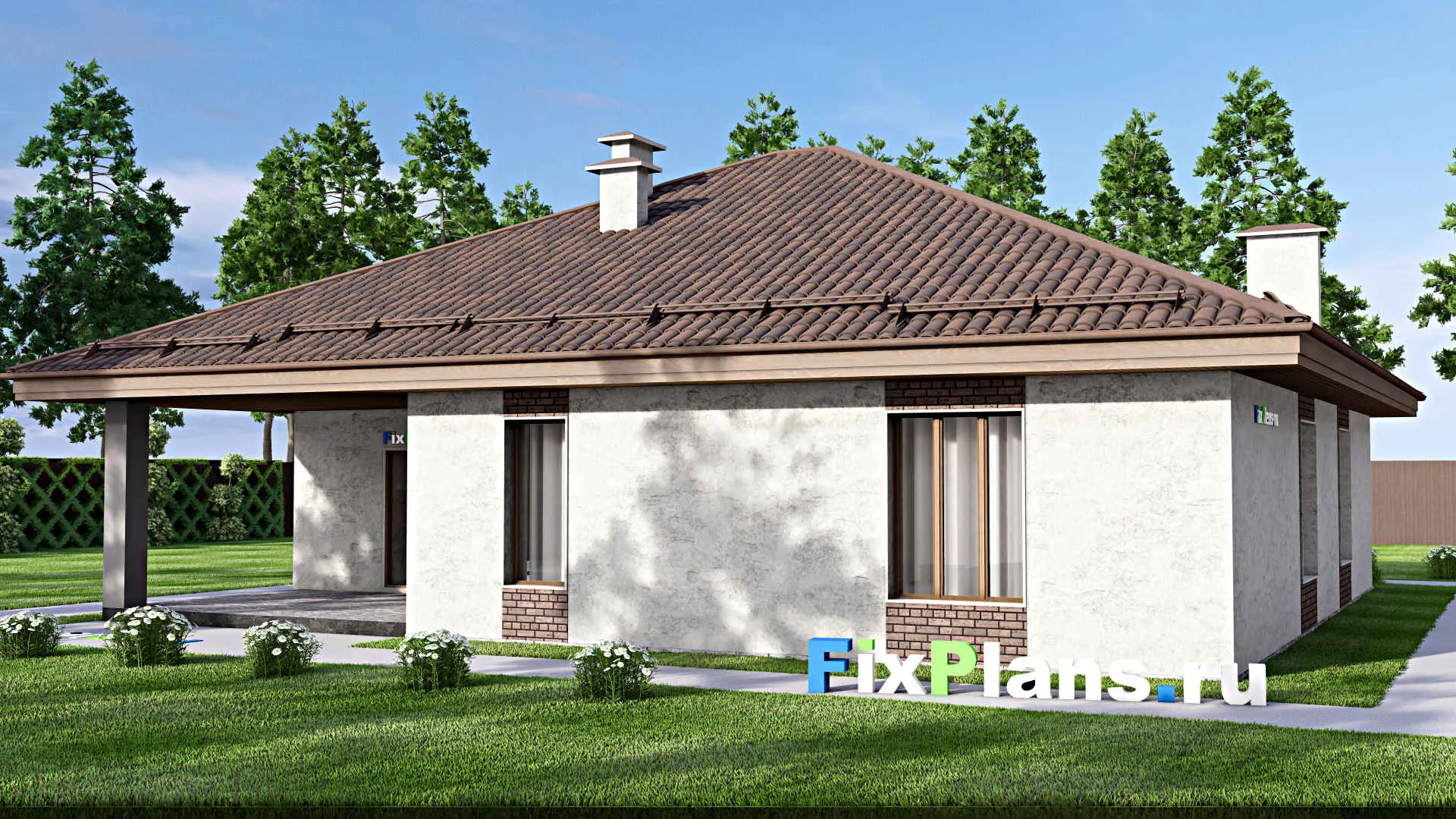 F-14354 - Проект одноэтажного дома 15 на 16, площадью 170 м² с террасой и 3 спальнями