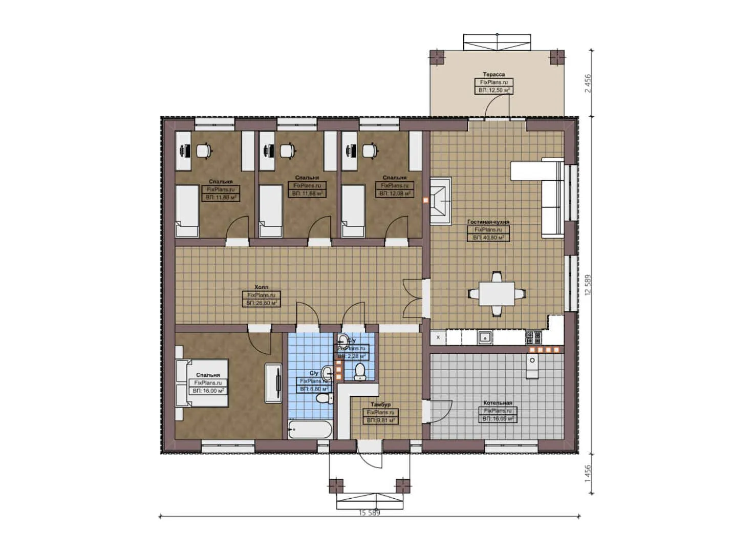 F-2519 - План одноэтажного дома 13 на 16, площадью 170 м² с террасой и 4 спальнями