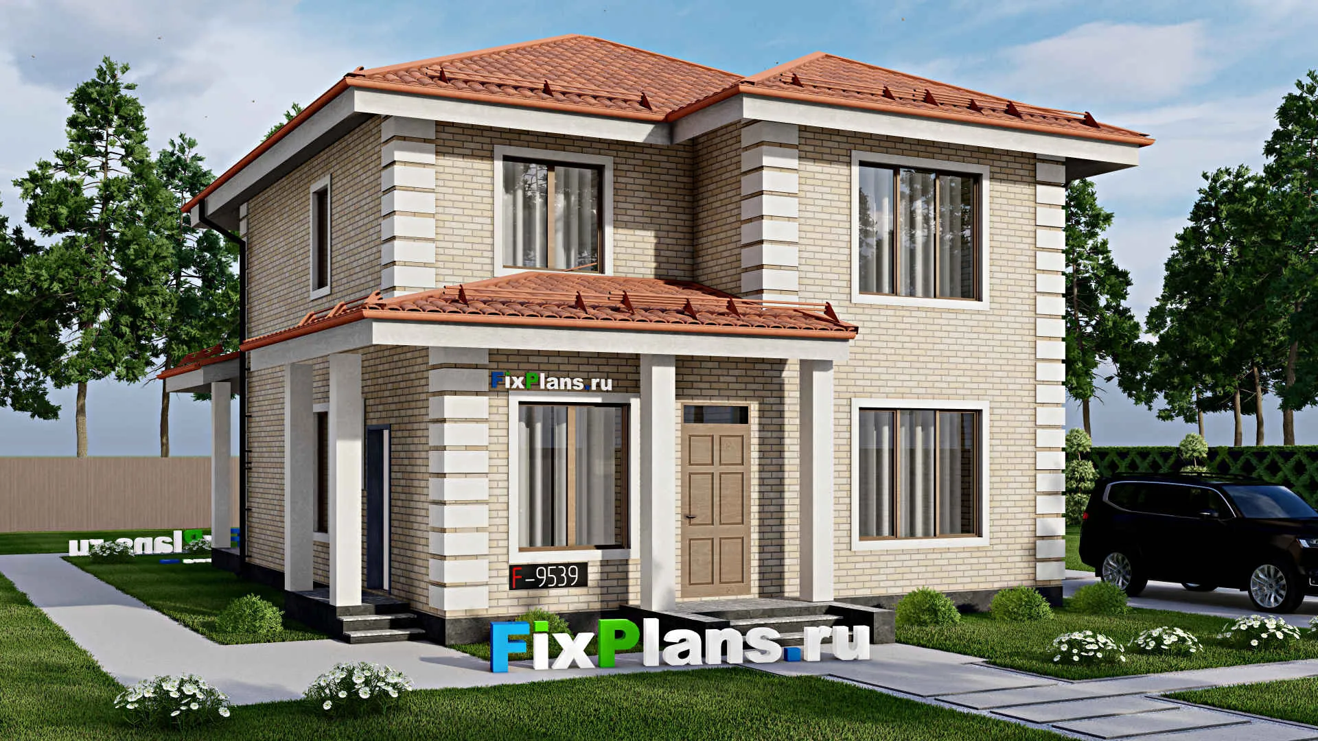 F-9539 - Проект двухэтажного дома 13 на 16, площадью 180 м² с террасой и 4 спальнями