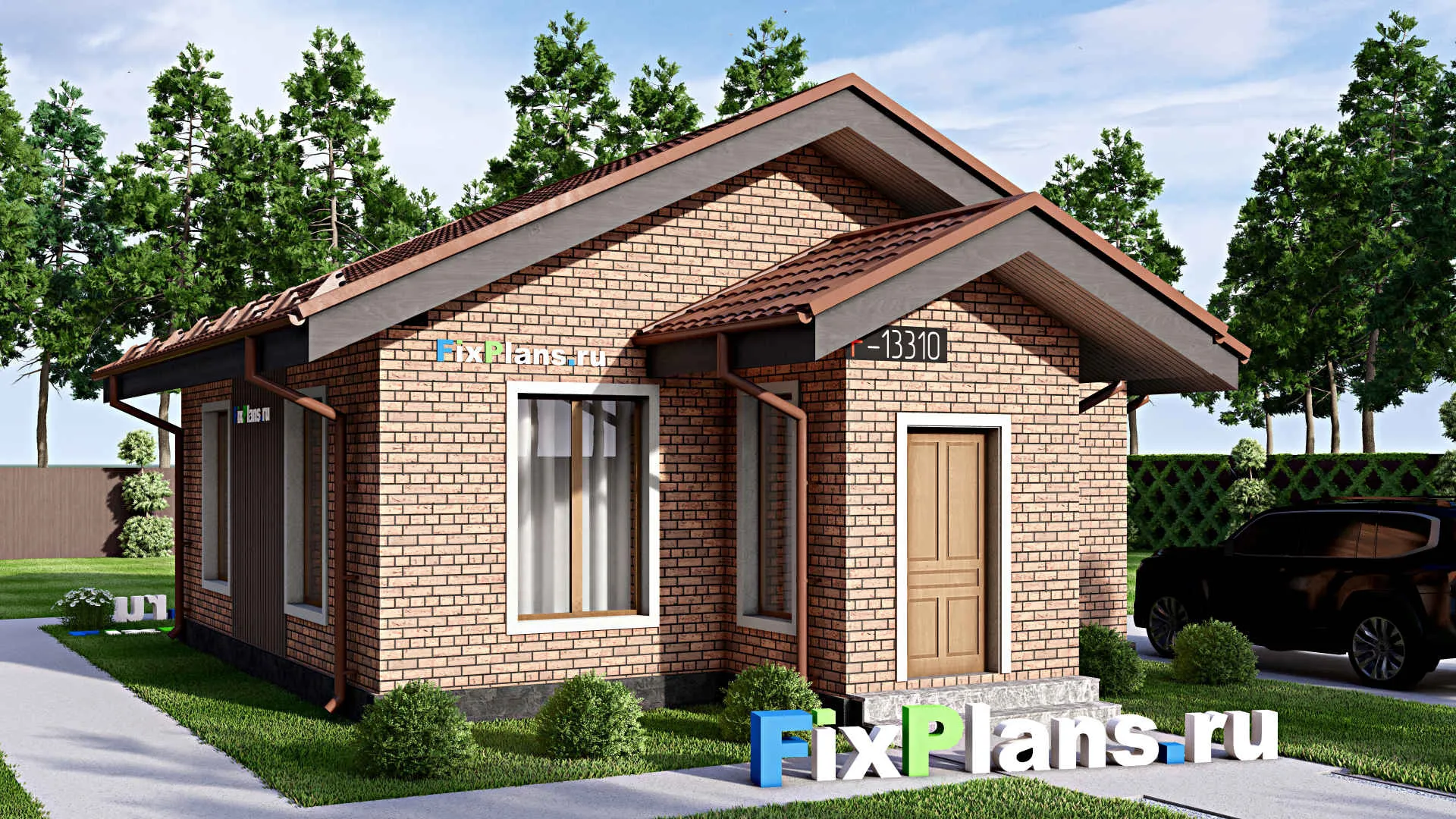 F-13310 - Проект одноэтажного дома 9 на 12, площадью 60 м² с террасой и 2 спальнями
