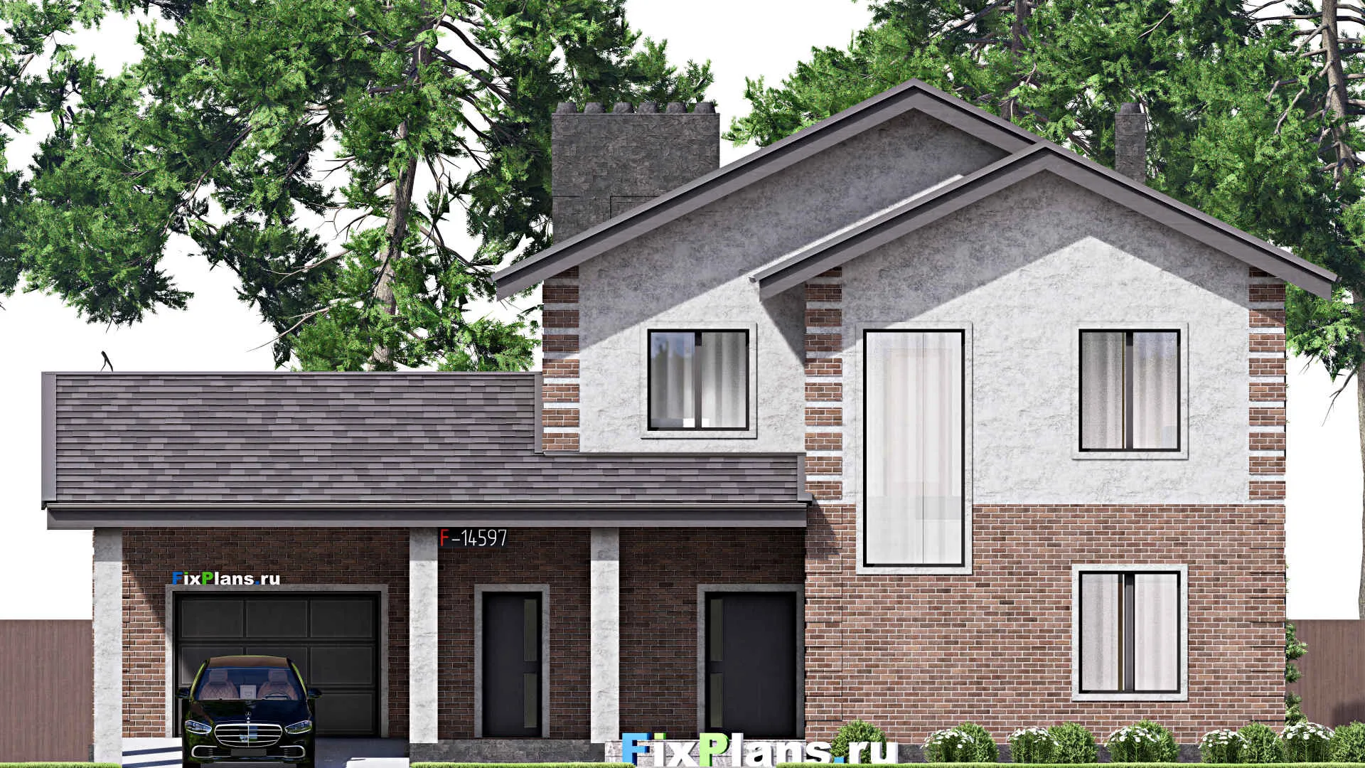 F-14597 - Проект двухэтажного дома 16 на 17, площадью 330 м² с террасой, балконом, гаражом на 2 машины и 4 спальнями