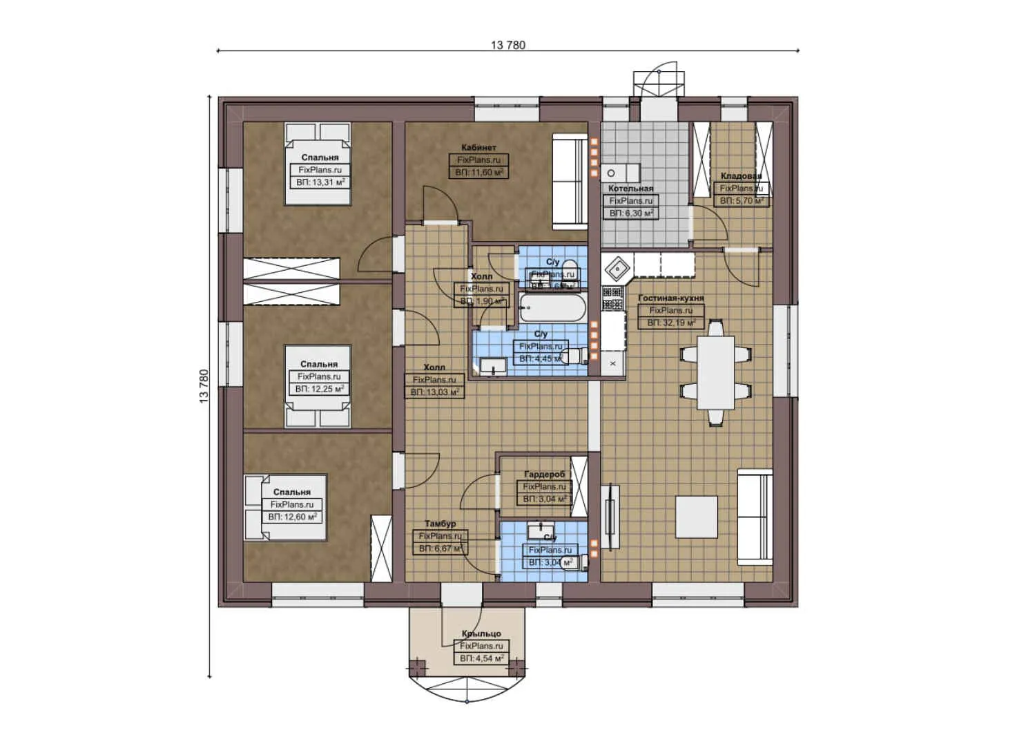 F-6146 - План одноэтажного дома 14 на 14, площадью 140 м² с 3 спальнями