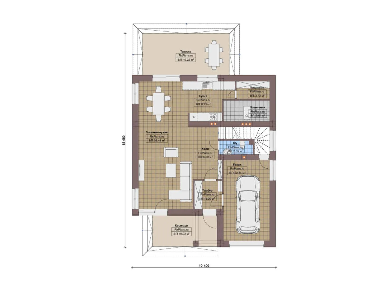 F-15929 - Планы двухэтажного дома 11 на 16, площадью 210 м² с террасой, гаражом на 1 машину и 3 спальнями