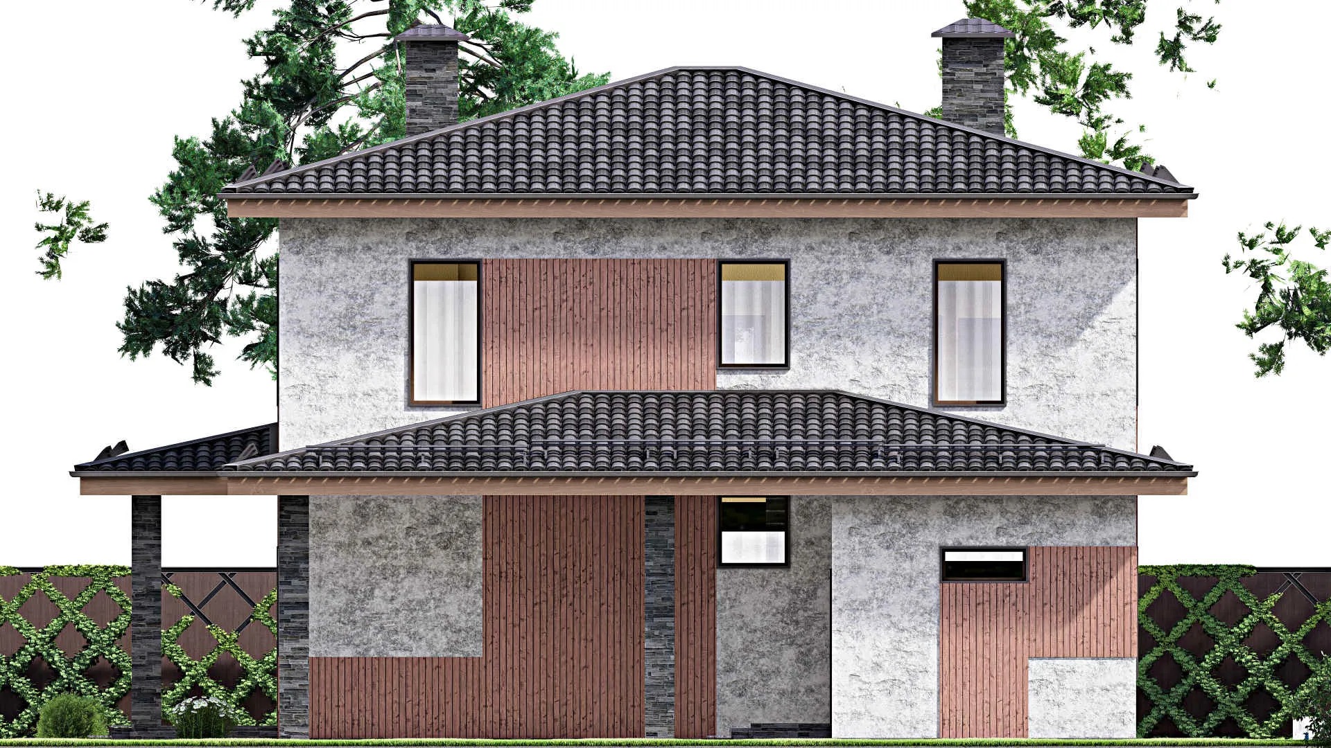 F-13076 - Проект двухэтажного дома 14 на 19, площадью 260 м² с террасой, баней и 4 спальнями