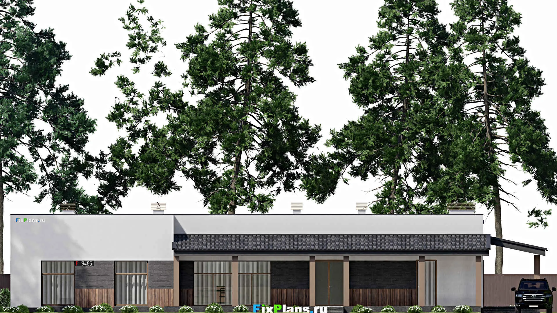 F-9485 - Проект одноэтажного дома 14 на 29, площадью 260 м² с террасой, баней и 3 спальнями