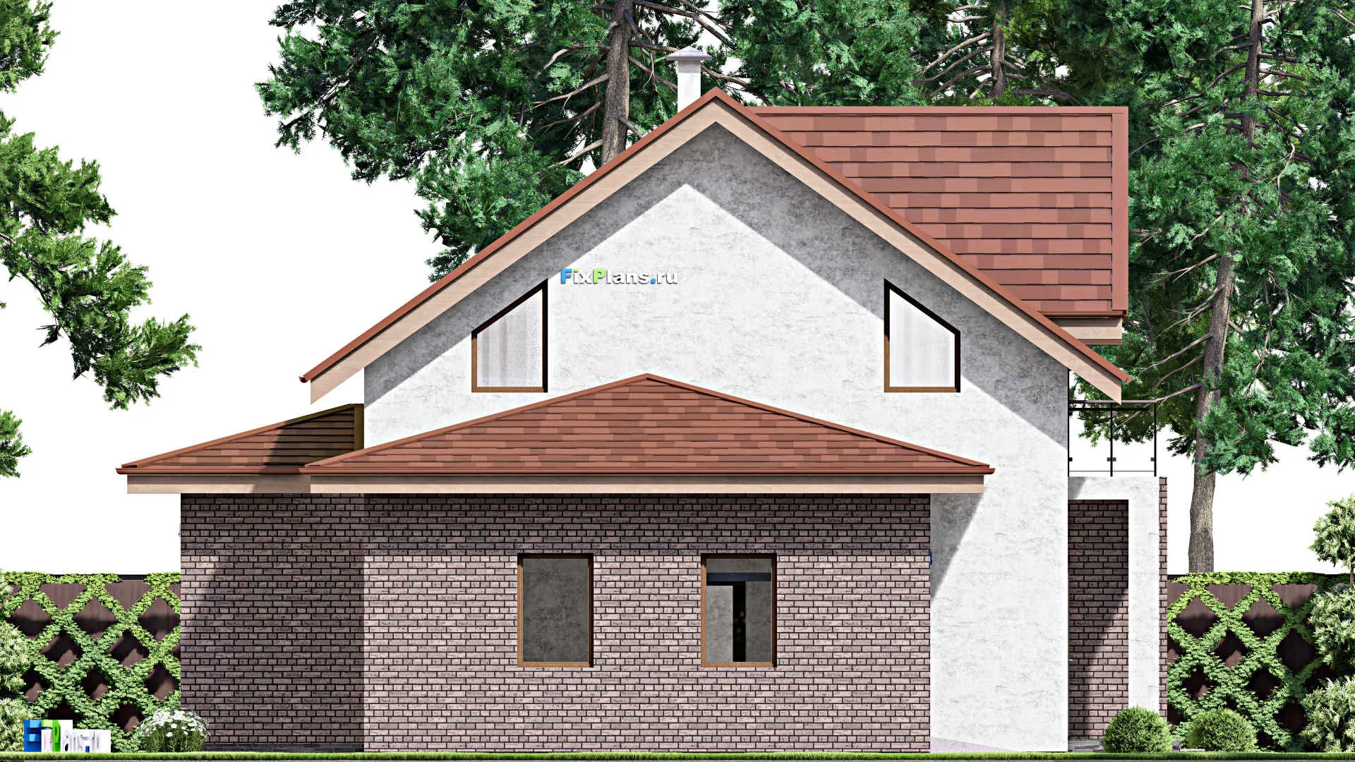 F-13148 - Проект дома с мансардой 13 на 15, площадью 230 м² с балконом, цокольным этажом, баней, гаражом на 1 машину и 2 спальнями