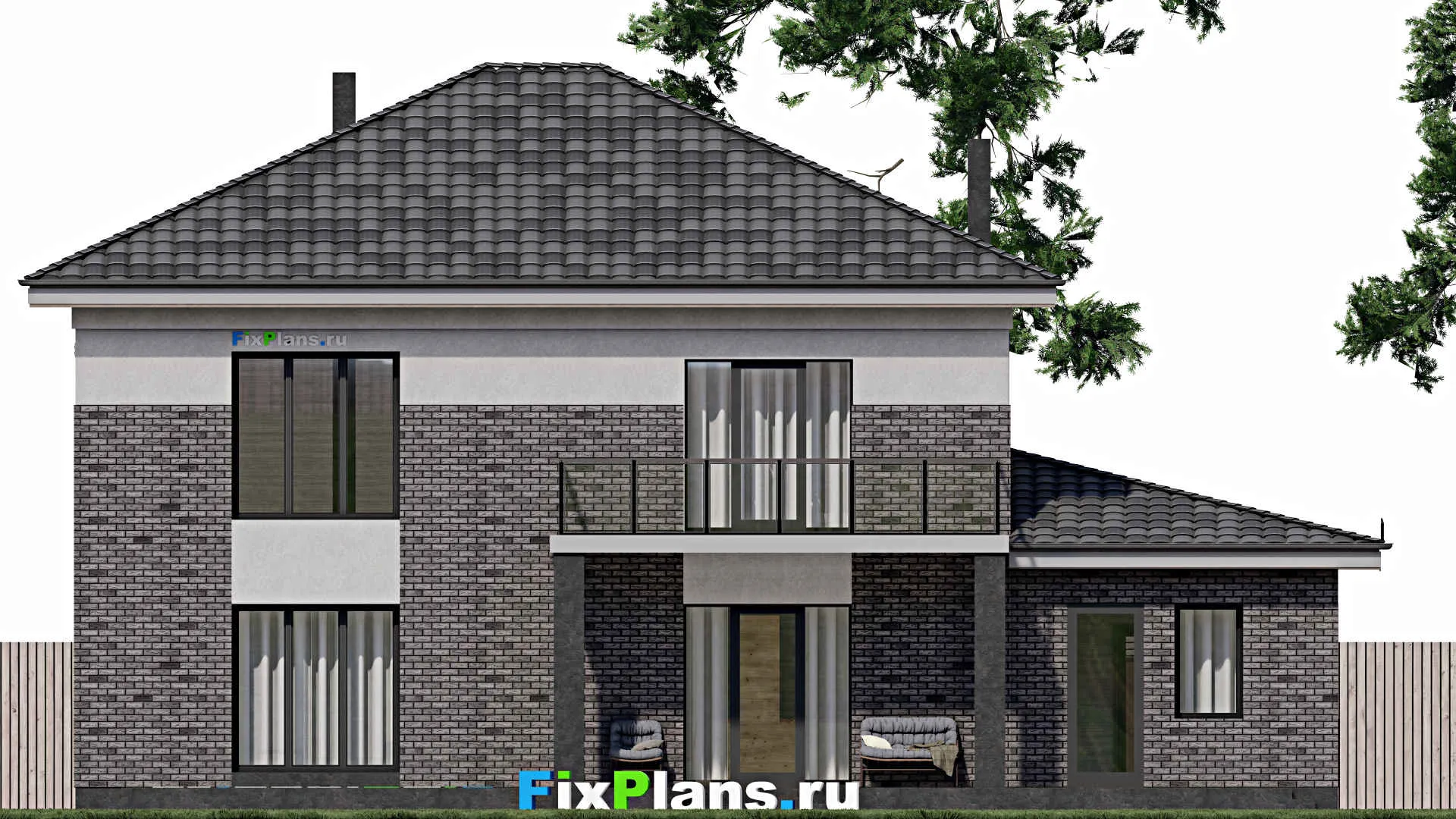 F-1142 - Проект двухэтажного дома 11 на 17, площадью 270 м² с террасой, балконом, гаражом на 1 машину и 4 спальнями