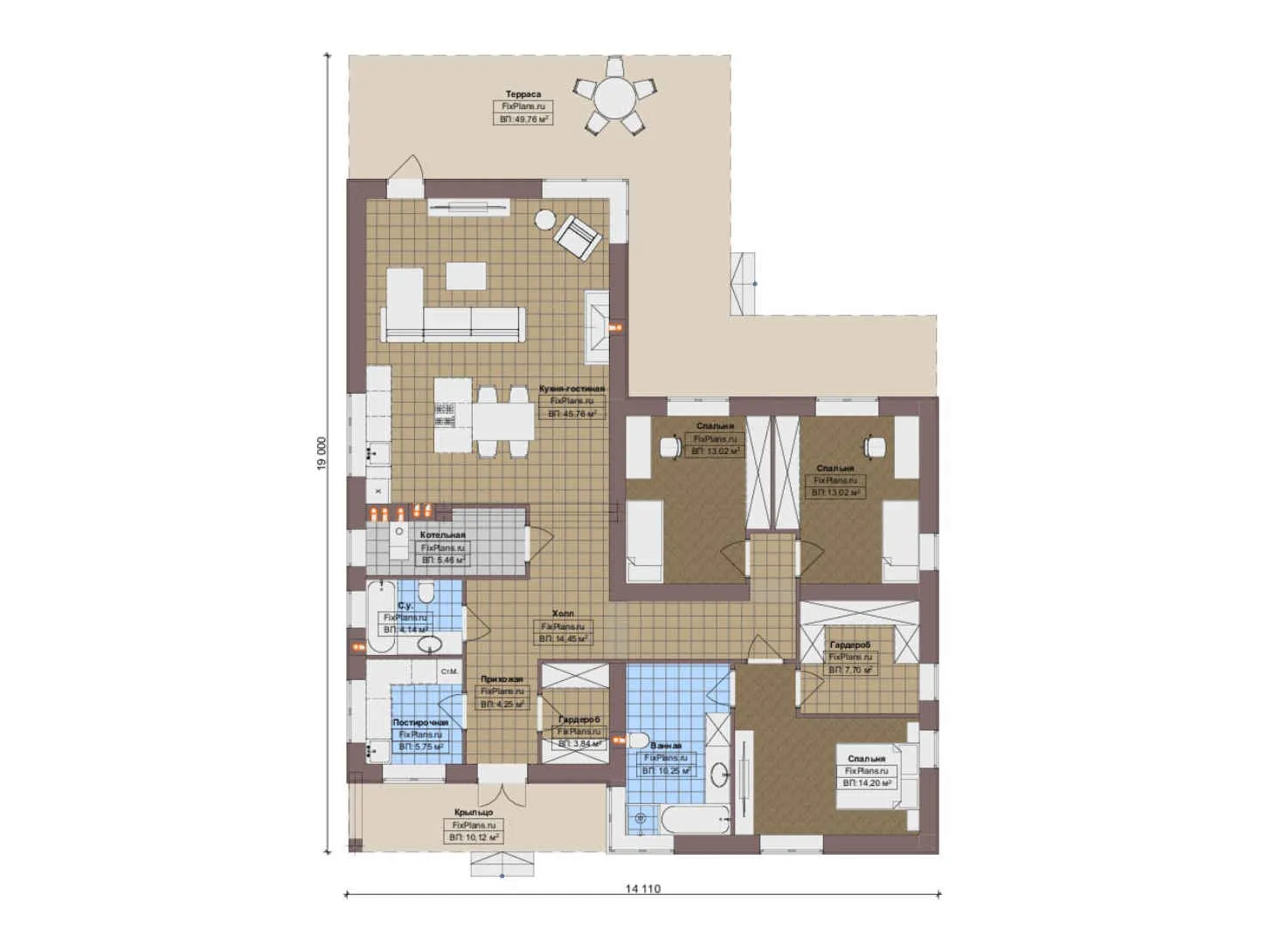 F-19889 - План одноэтажного дома 15 на 19, площадью 210 м² с террасой и 3 спальнями