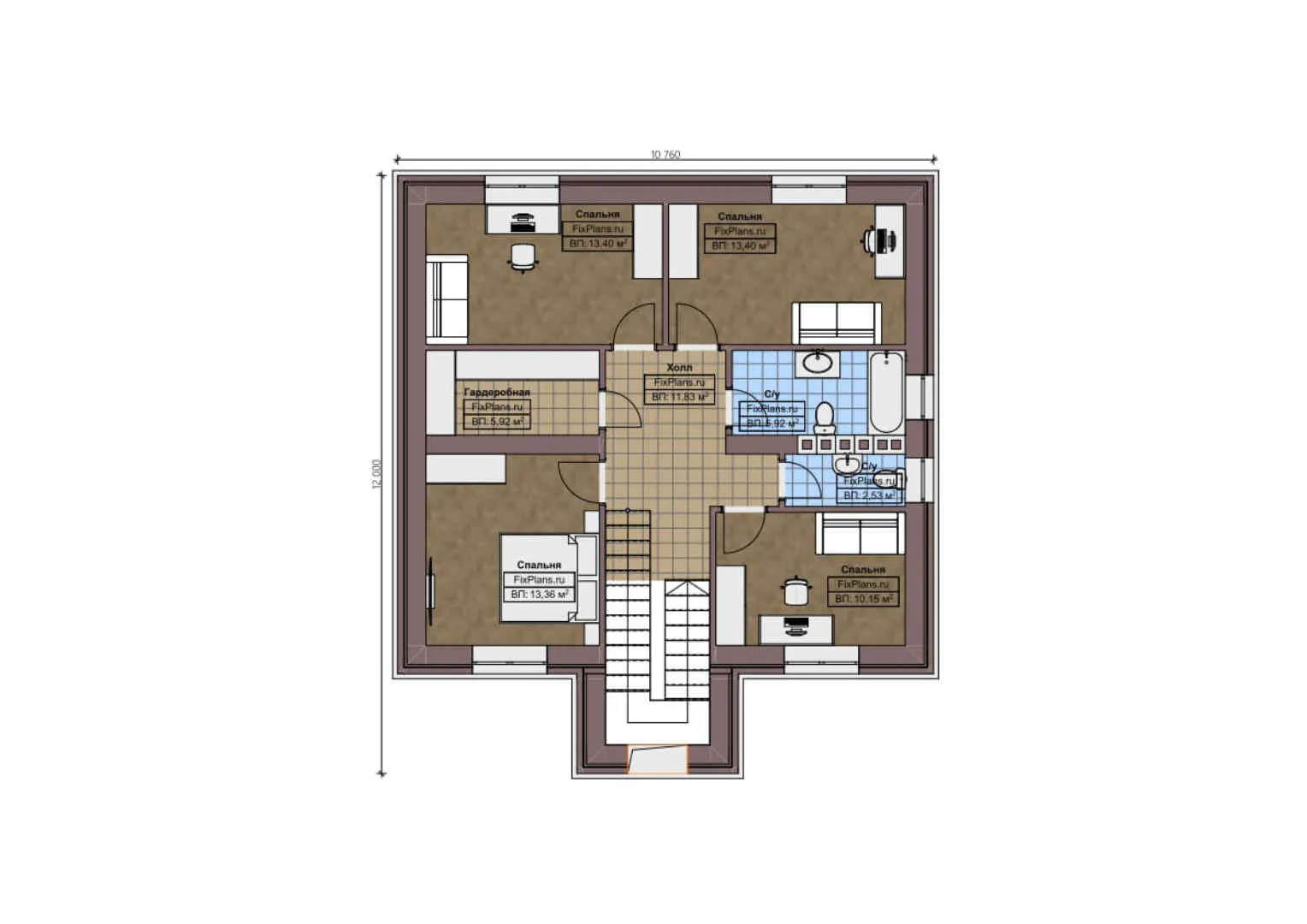 F-1772 - Планы двухэтажного дома 12 на 17, площадью 240 м² с террасой, гаражом на 2 машины и 4 спальнями