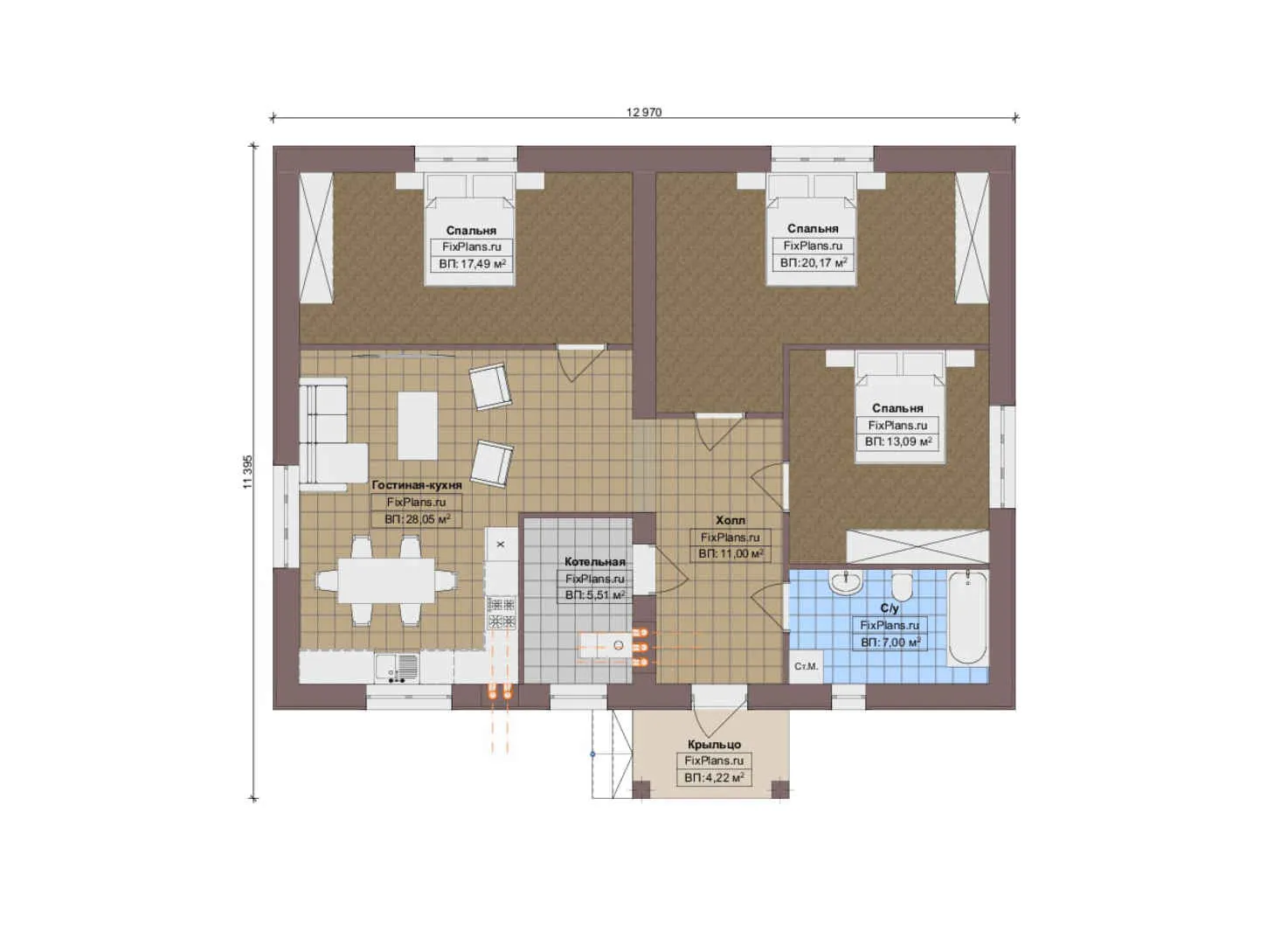 F-14363 - План одноэтажного дома 12 на 13, площадью 110 м² с 3 спальнями