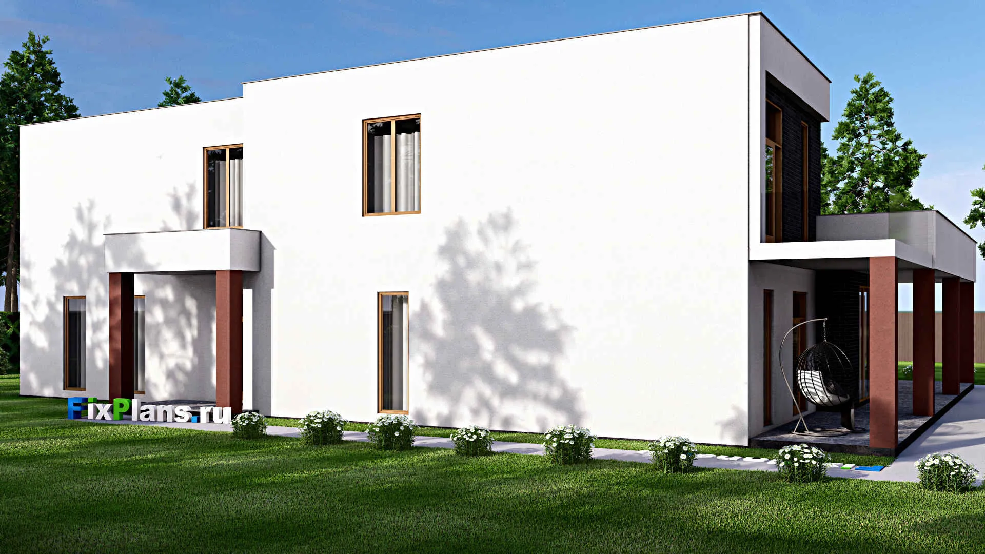 F-16622 - Планы двухэтажного дома 19 на 24, площадью 480 м² с террасой, балконом, гаражом на 2 машины и 3 спальнями