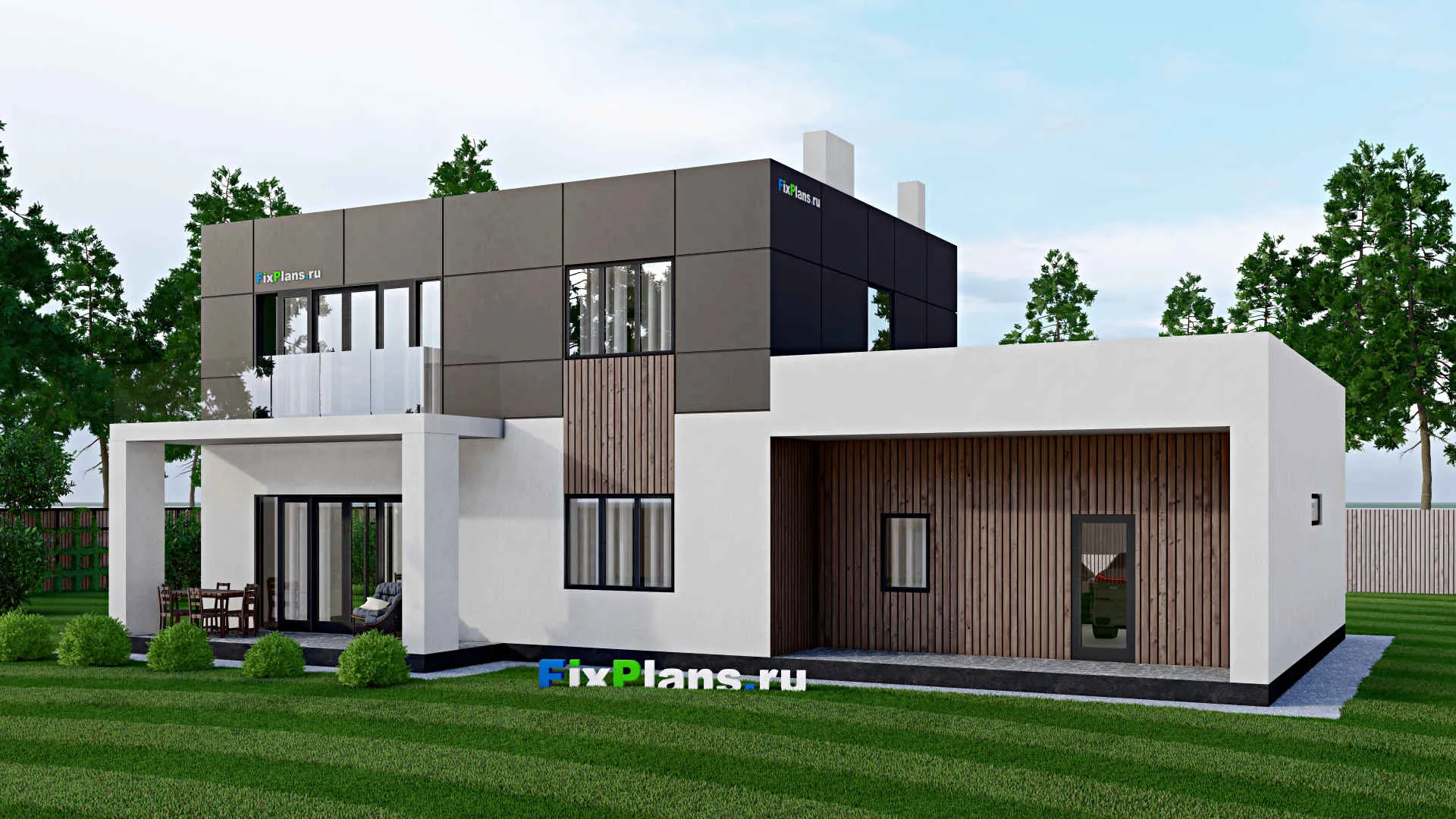 F-1871 - Проект двухэтажного дома 11 на 19, площадью 230 м² с террасой, балконом, гаражом на 2 машины и 4 спальнями