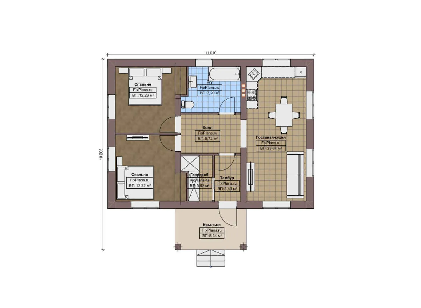 F-9458 - План одноэтажного дома 11 на 12, площадью 80 м² с 2 спальнями
