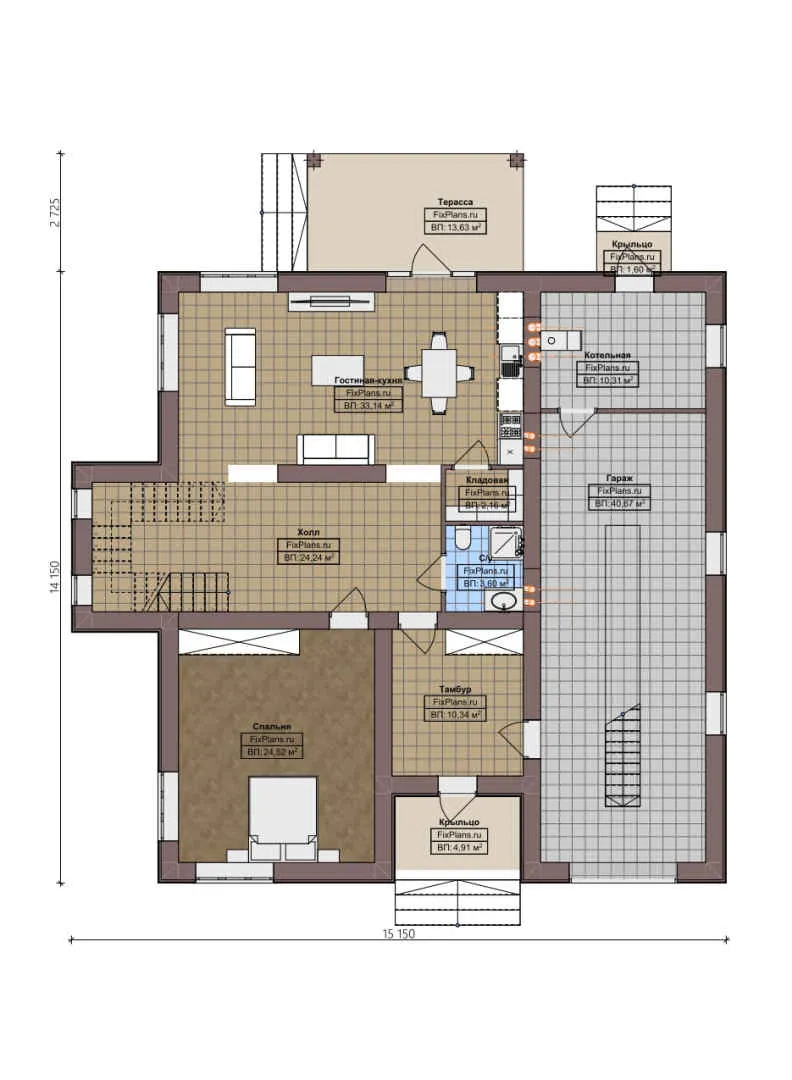 F-3608 - Планы двухэтажного дома 15 на 16, площадью 270 м² с террасой, балконом, гаражом на 2 машины и 4 спальнями