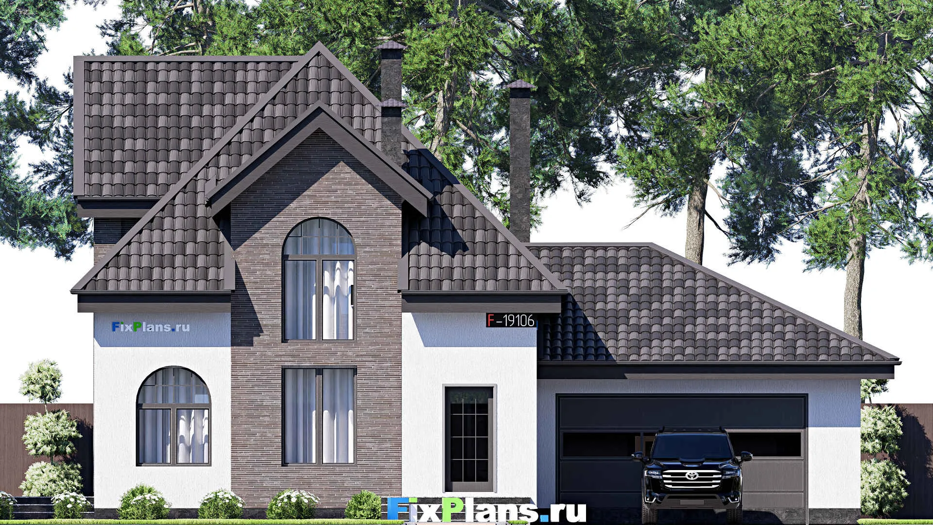 F-19106 - Планы дома с мансардой 14 на 19, площадью 190 м² с террасой, гаражом на 1 машину и 2 спальнями