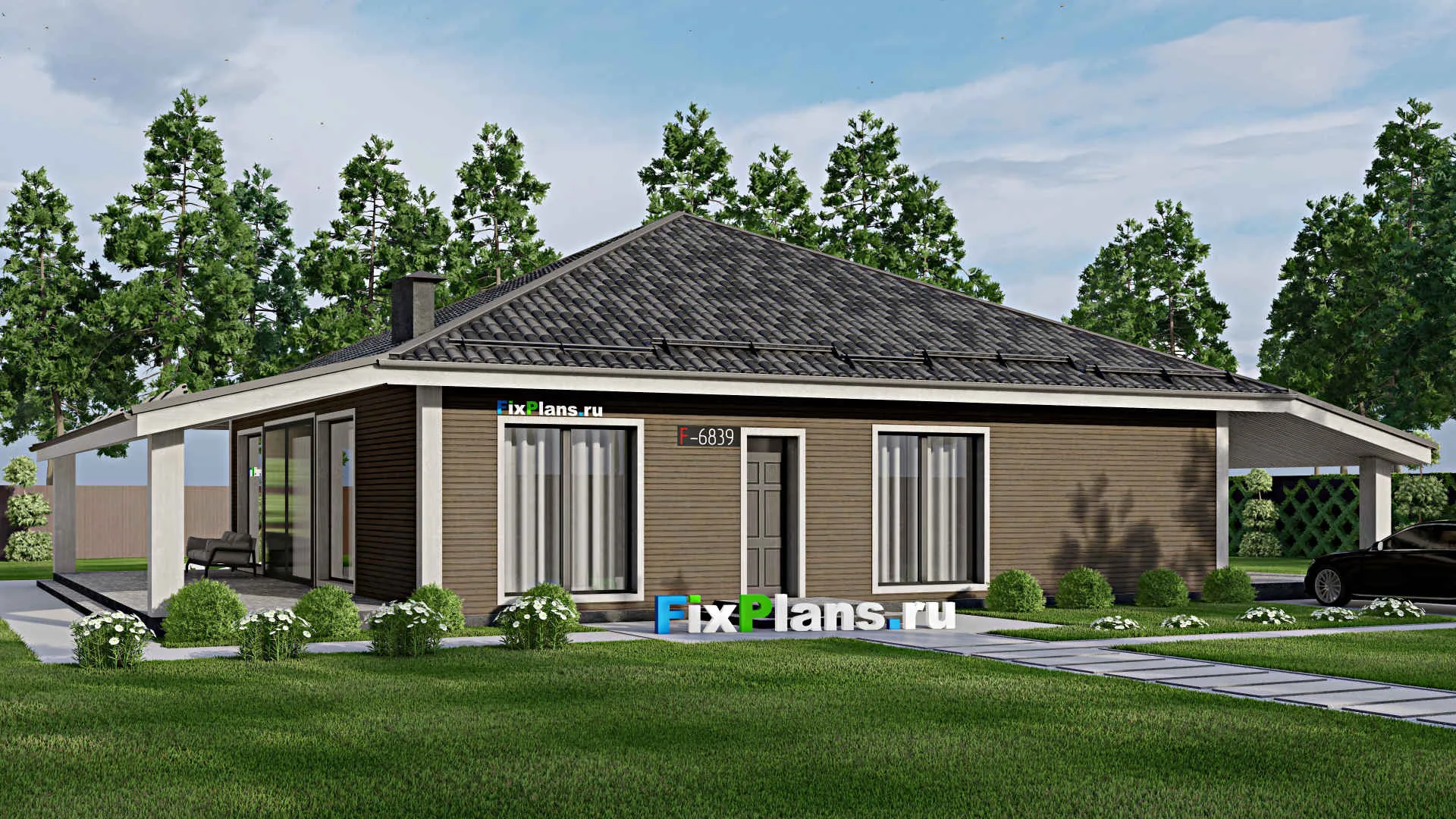 F-6839 - Проект одноэтажного дома 14 на 14, площадью 270 м² с террасой и 3 спальнями