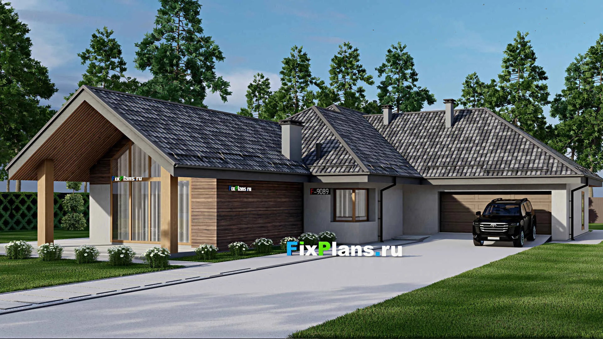 F-9089 - Проект одноэтажного дома 20 на 29, площадью 320 м² с террасой, гаражом на 2 машины и 4 спальнями