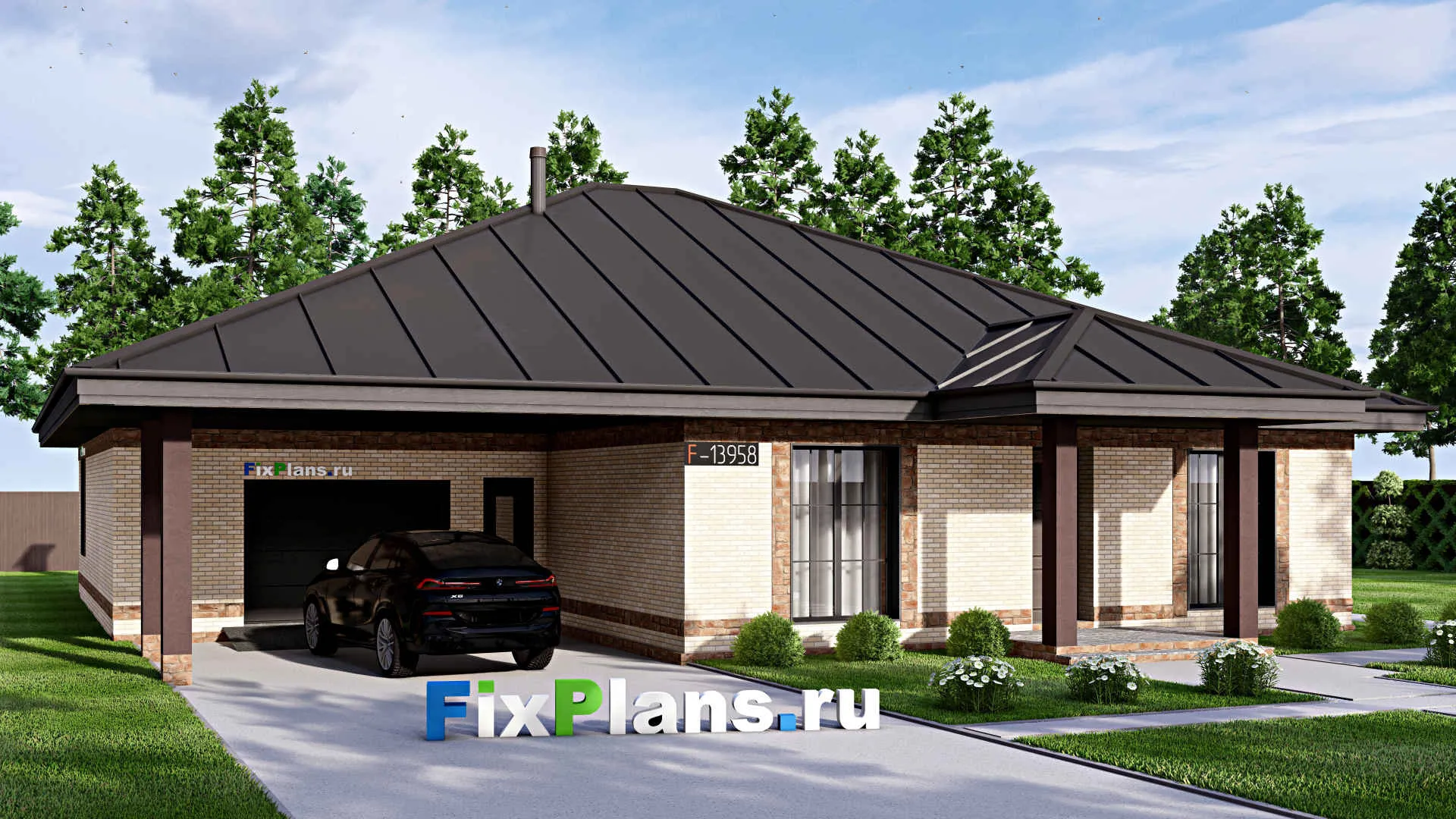 F-13958 - Проект одноэтажного дома 17 на 21, площадью 210 м² с террасой, гаражом на 2 машины и 3 спальнями