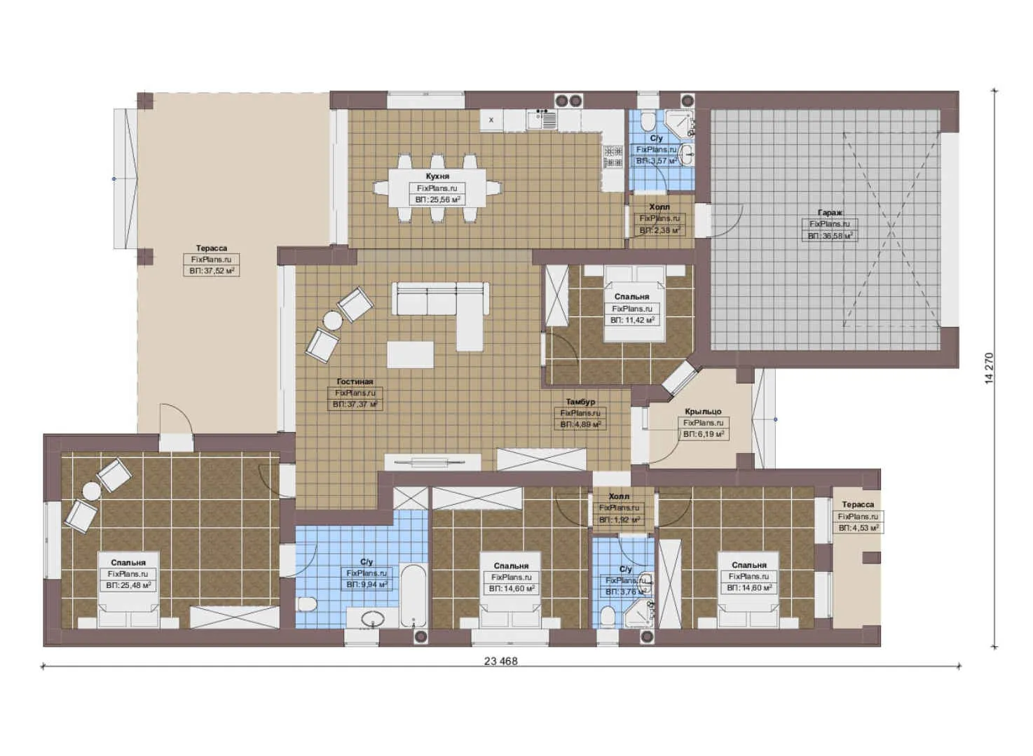 F-16856 - План одноэтажного дома 15 на 24, площадью 240 м² с террасой, гаражом на 2 машины и 4 спальнями