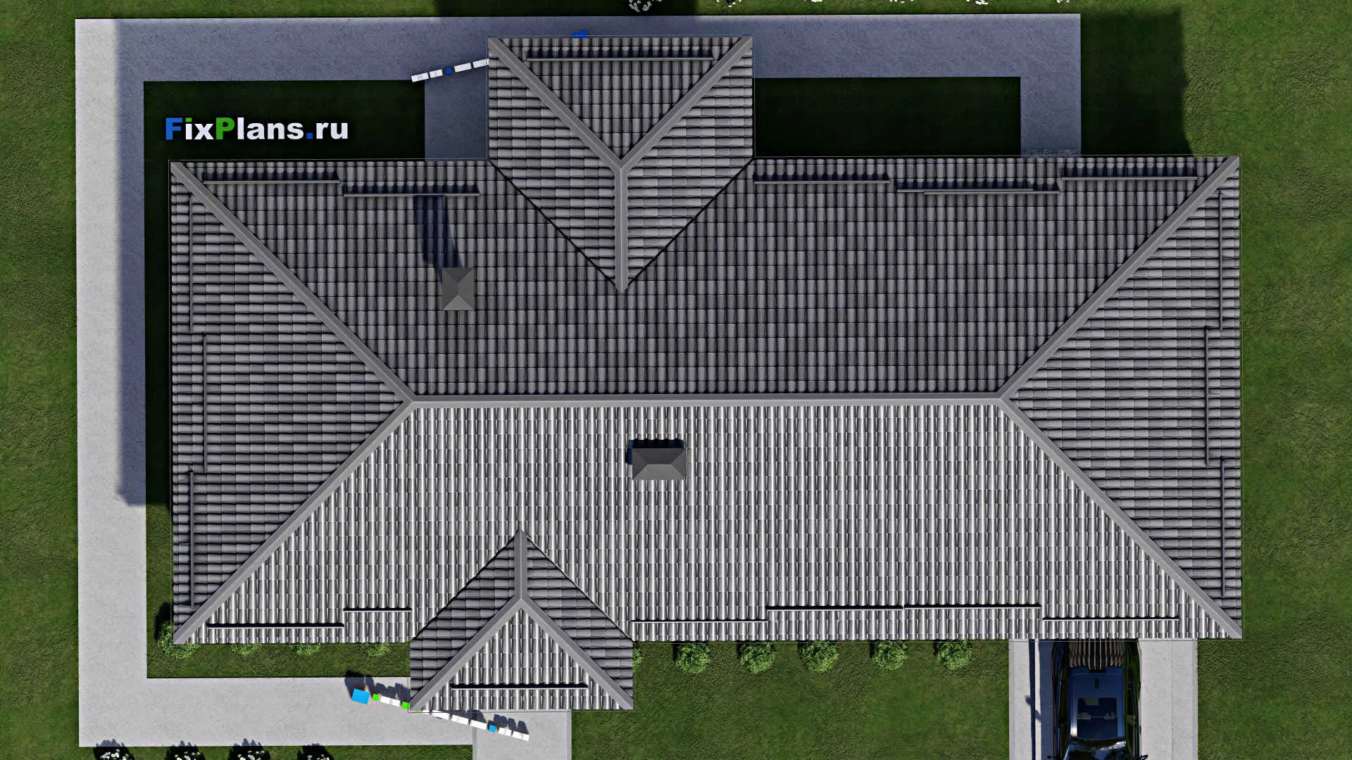 F-8729 - Проект одноэтажного дома 12 на 23, площадью 170 м² с террасой, гаражом на 1 машину и 3 спальнями