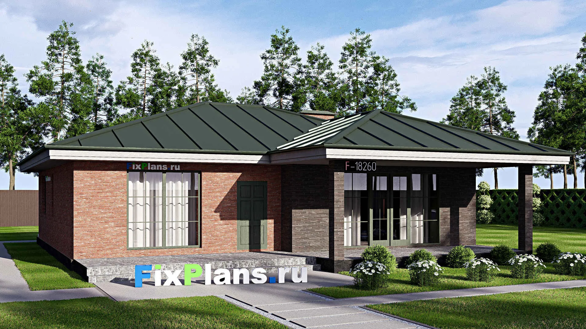 F-18260 - Проект одноэтажного дома 14 на 15, площадью 150 м² с террасой и 3 спальнями