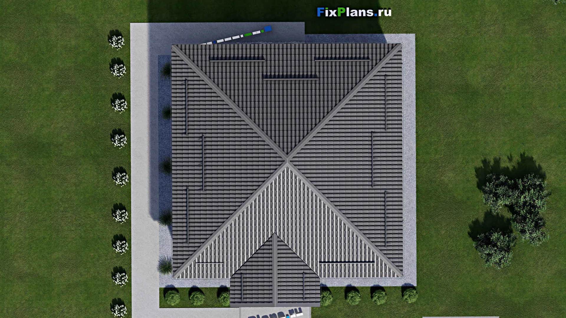 F-2132 - Проект одноэтажного дома 12 на 12, площадью 110 м² с террасой и 2 спальнями