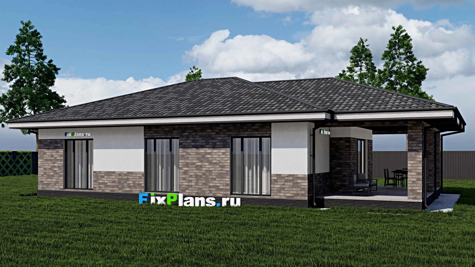 F-0737 - Проект одноэтажного дома 12 на 16, площадью 160 м² с террасой и 3 спальнями