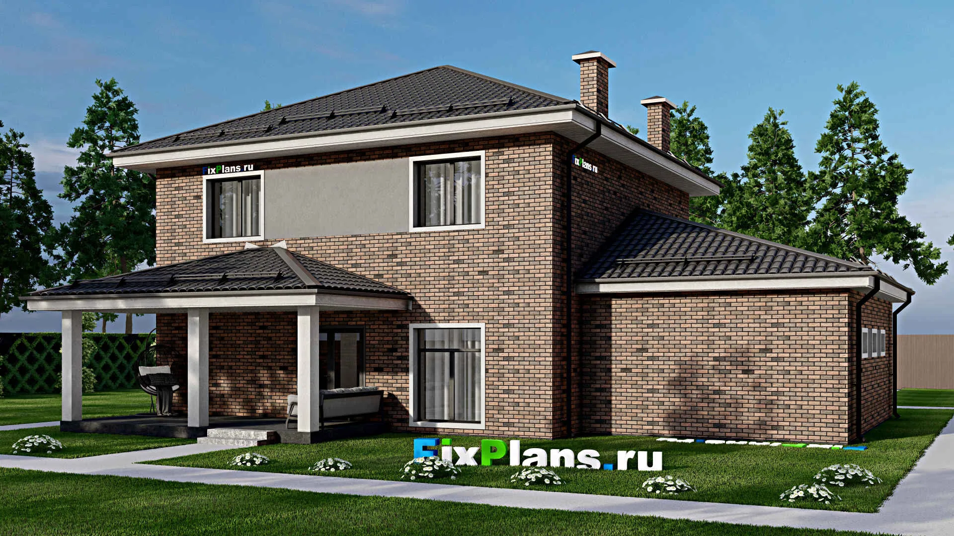 F-3797 - Проект двухэтажного дома 11 на 17, площадью 230 м² с террасой, гаражом на 2 машины и 4 спальнями