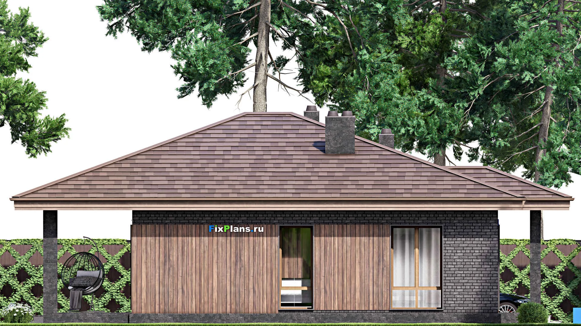 F-14516 - Проект одноэтажного дома 12 на 14, площадью 130 м² с террасой и 3 спальнями