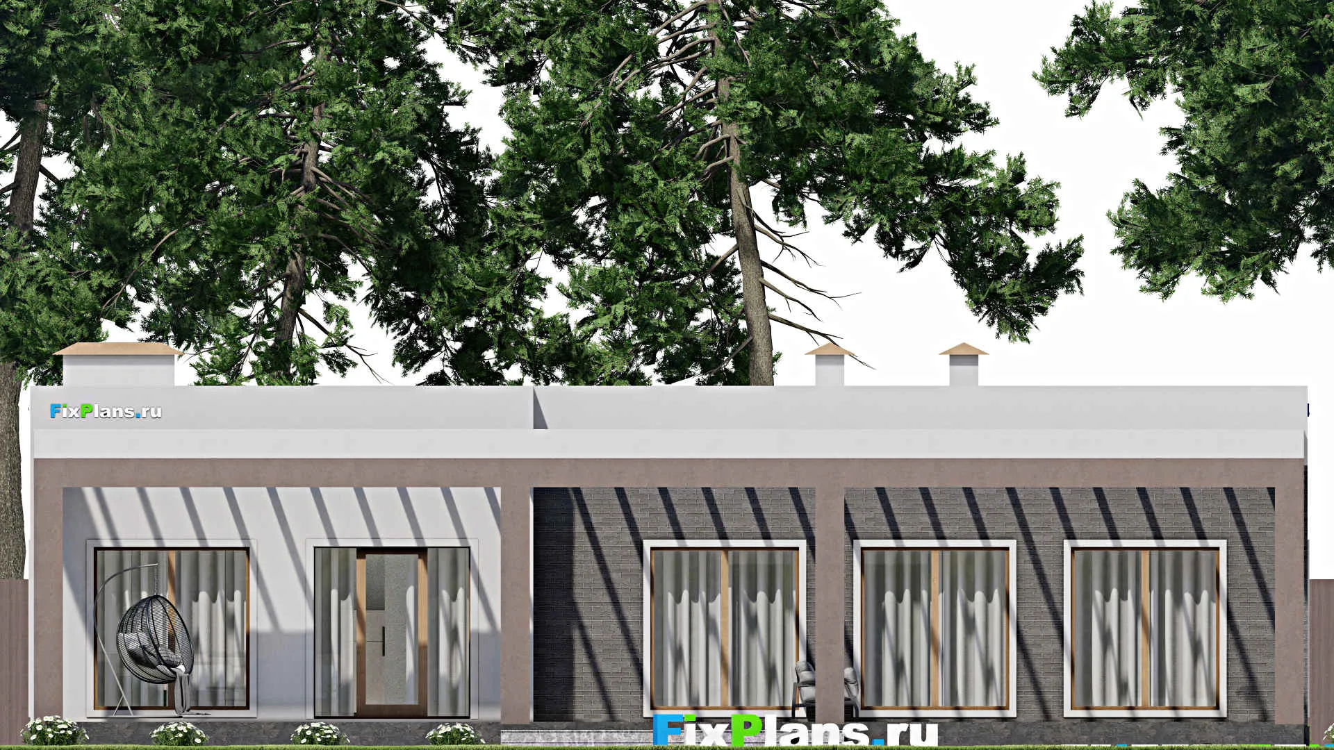 F-8765 - Проект одноэтажного дома 18 на 25, площадью 330 м² с террасой, гаражом на 2 машины и 3 спальнями