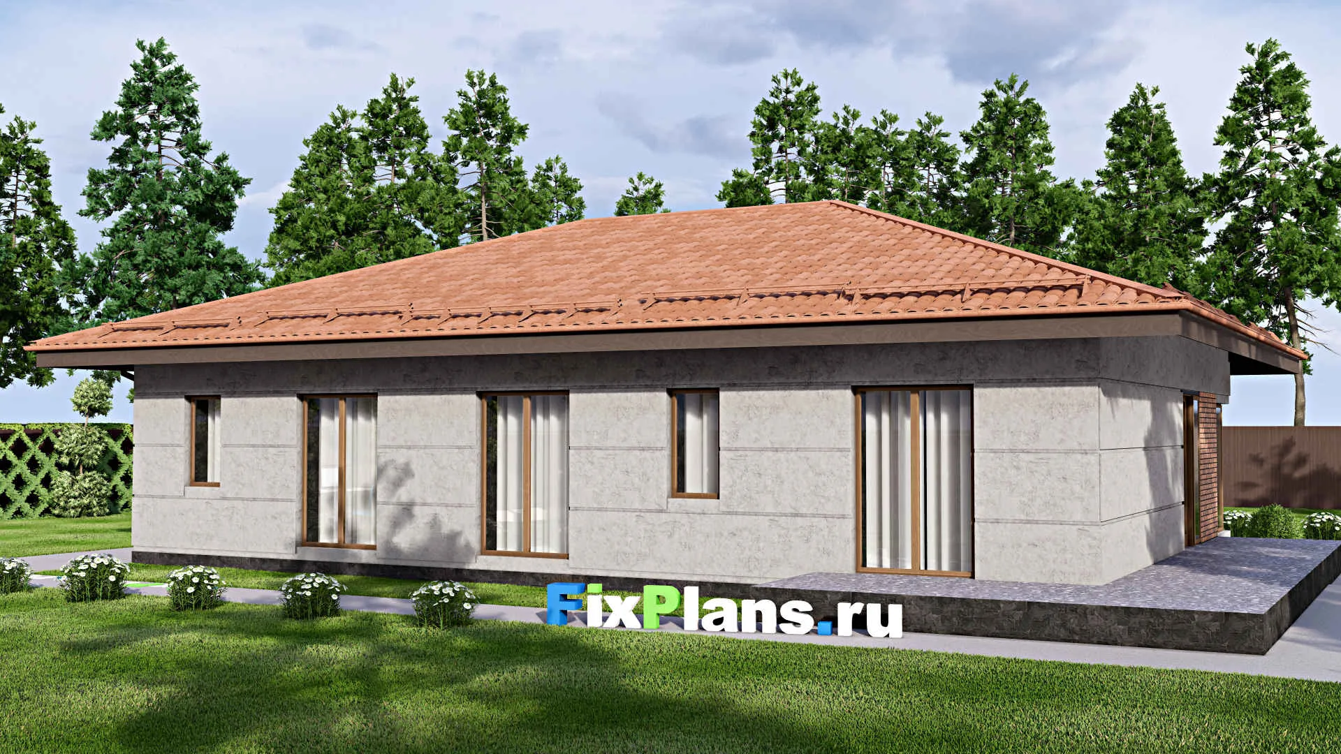 F-12815 - Проект одноэтажного дома 13 на 18, площадью 170 м² с террасой и 3 спальнями