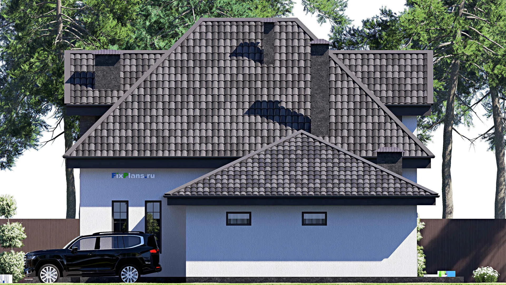 F-19106 - Планы дома с мансардой 14 на 19, площадью 190 м² с террасой, гаражом на 1 машину и 2 спальнями