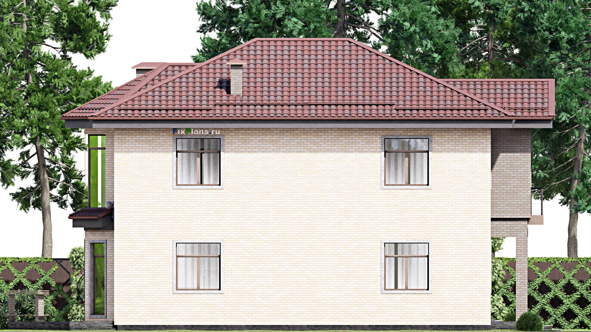 F-12716 - Проект двухэтажного дома 14 на 18, площадью 300 м² с террасой, балконом, гаражом на 1 машину и 3 спальнями