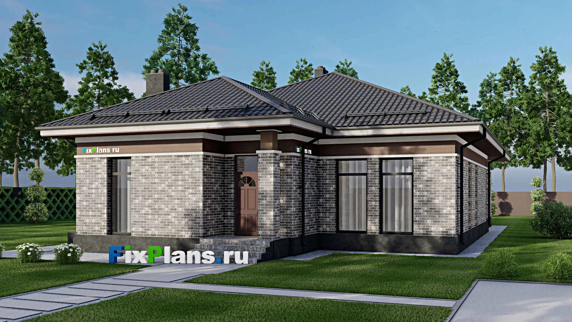 F-2042 - Проект одноэтажного дома 13 на 23, площадью 210 м² с террасой и 3 спальнями