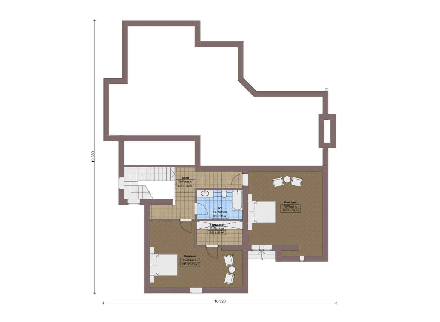 F-20195 - План одноэтажного дома 17 на 20, площадью 300 м² с террасой, гаражом на 2 машины и 4 спальнями