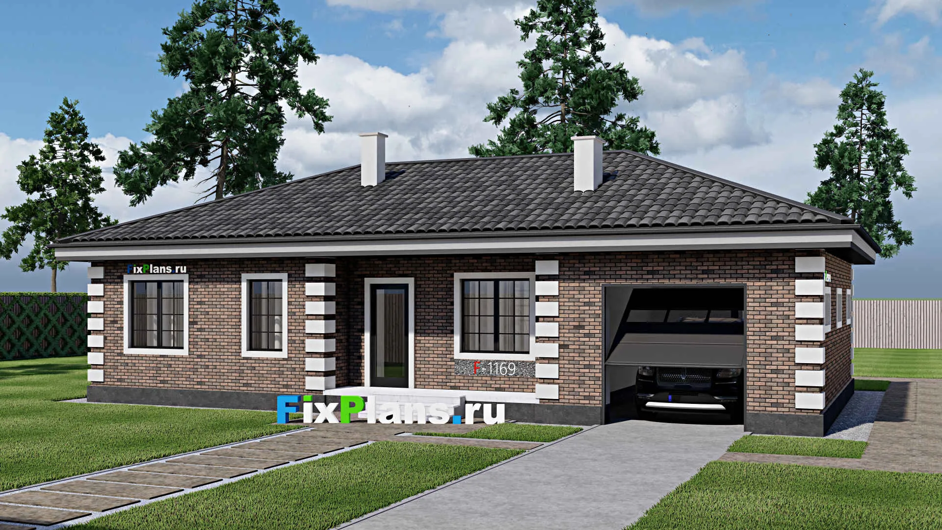 F-1169 - Проект одноэтажного дома 9 на 16, площадью 120 м² с террасой, гаражом на 1 машину и 2 спальнями