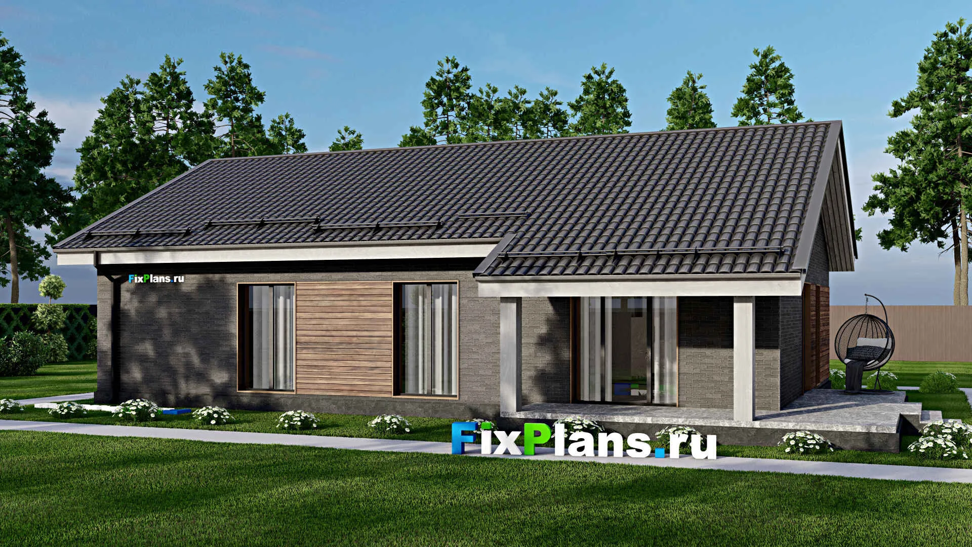 F-5291 - Проект одноэтажного дома 11 на 16, площадью 160 м² с террасой и 3 спальнями