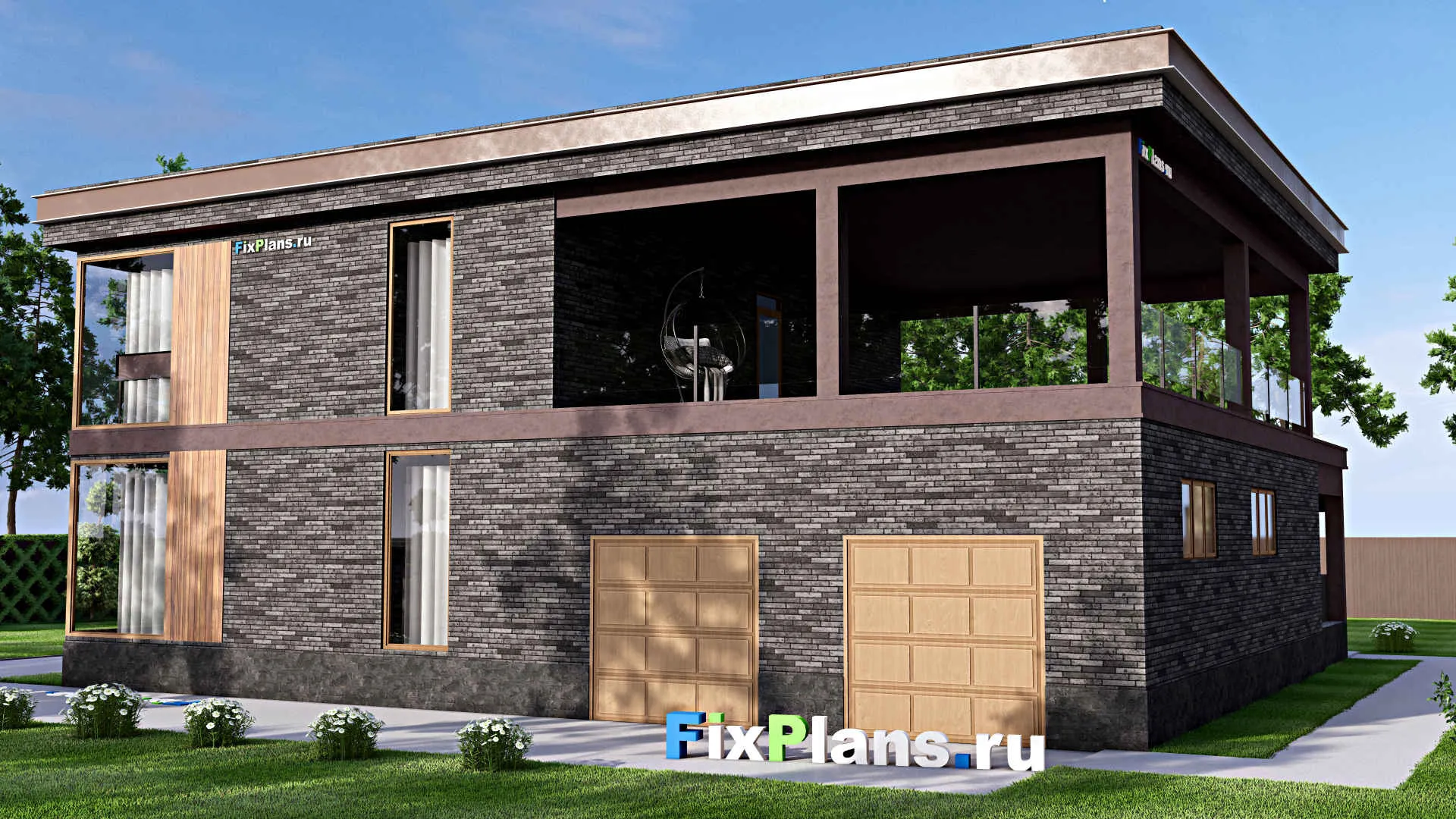 F-14651 - Планы двухэтажного дома 16 на 18, площадью 410 м² с террасой, балконом, гаражом на 2 машины и 4 спальнями