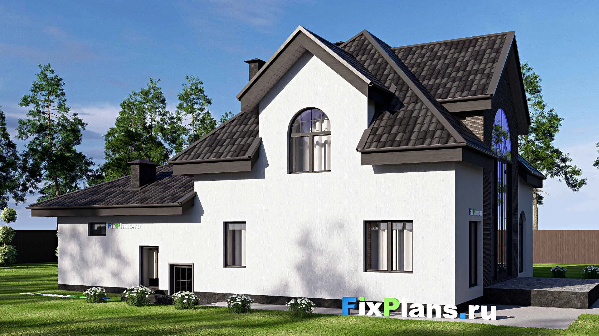 F-19106 - Планы дома с мансардой 14 на 19, площадью 190 м² с террасой, гаражом на 1 машину и 2 спальнями