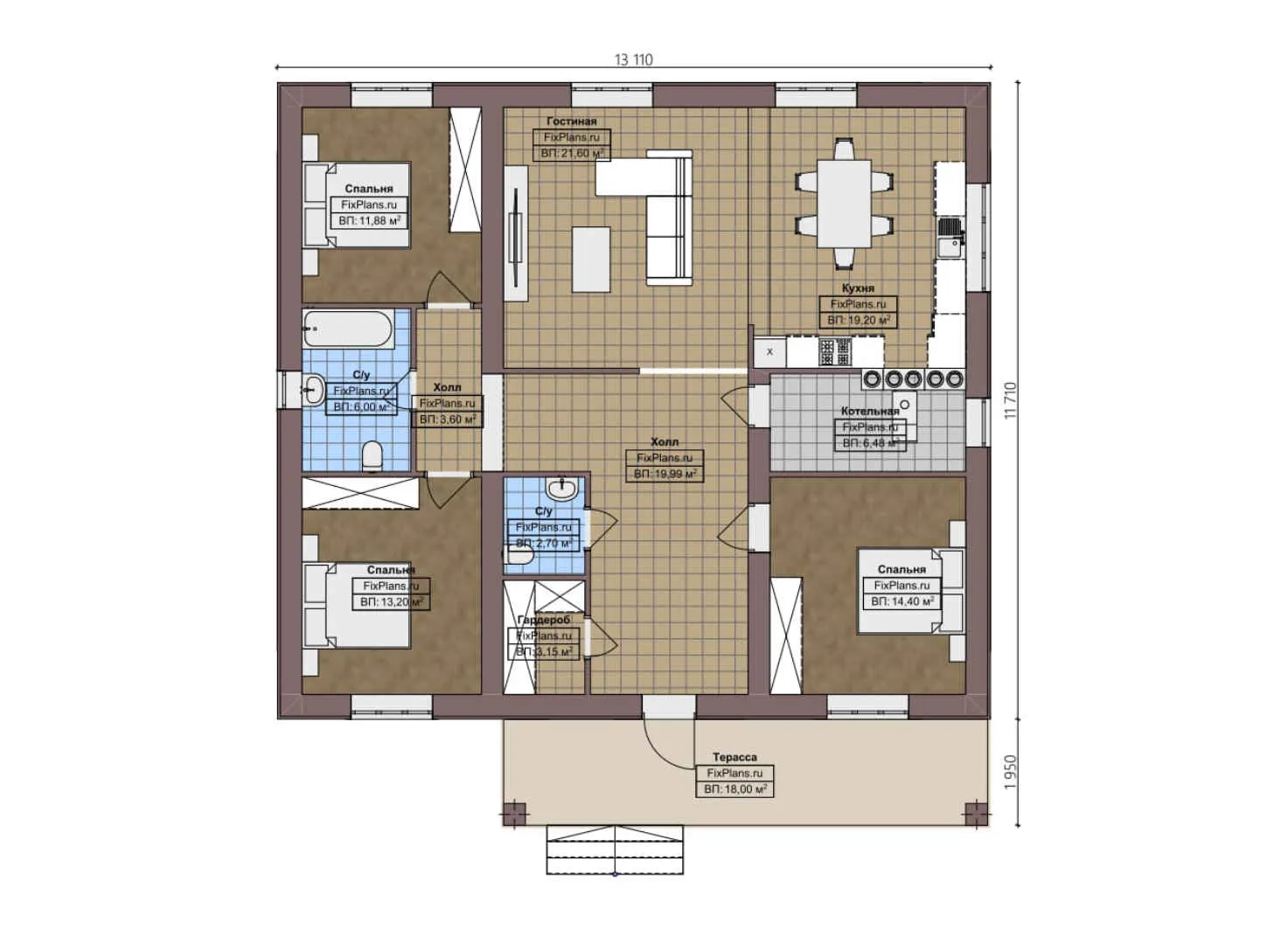 F-4319 - План одноэтажного дома 12 на 14, площадью 140 м² с террасой и 3 спальнями